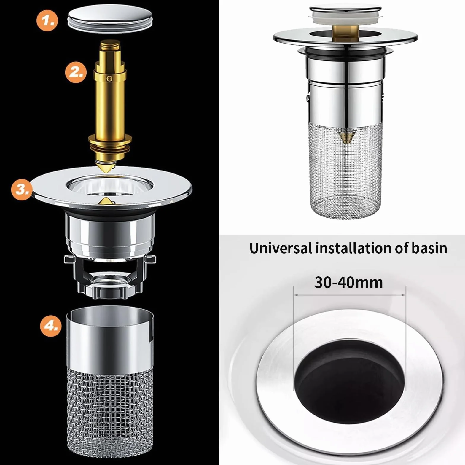 Bonde de lavabo Pop Up Universel, Filtre de vidange en Acier Inoxydable, Anti-colmatage avec Crépine 2 Pièces