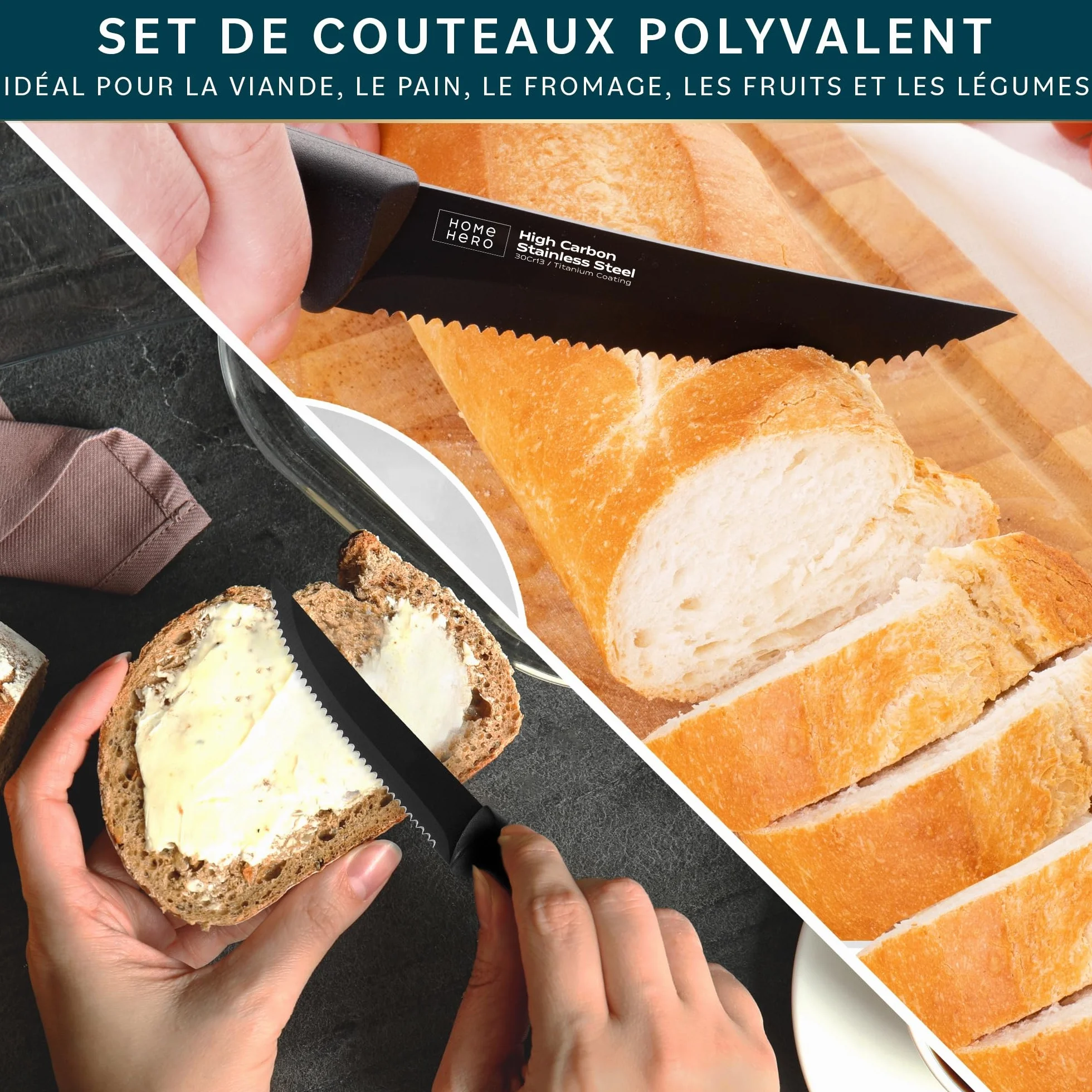 Couteaux à Steak Acier Inoxydable Lame Dentelée 21 cm Lot de 8 Noir - Couteaux de Table Viande
