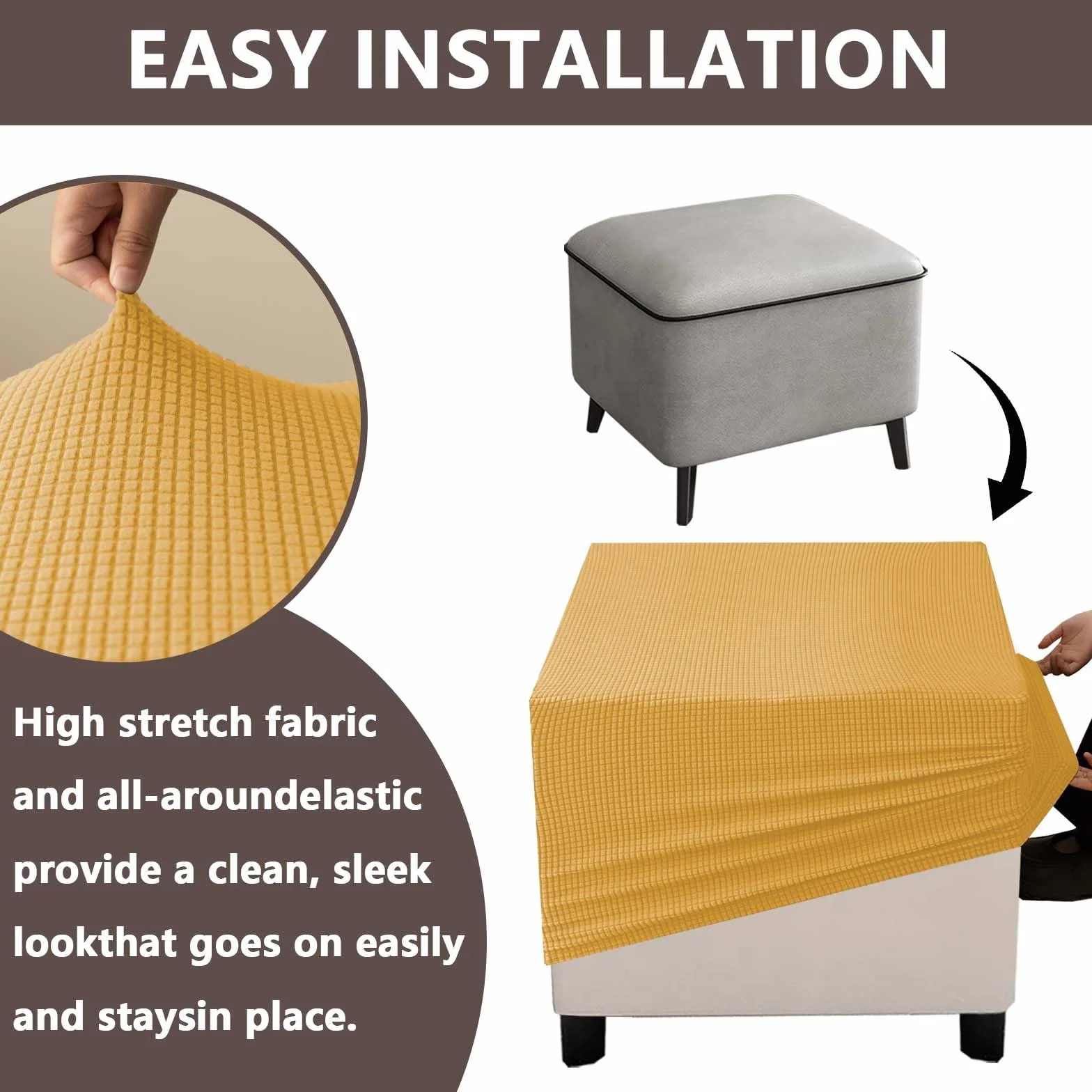 Housse de Pouf Ottomane carré Extensible Doux XXL avec Fond élastique 55x55 cm Or