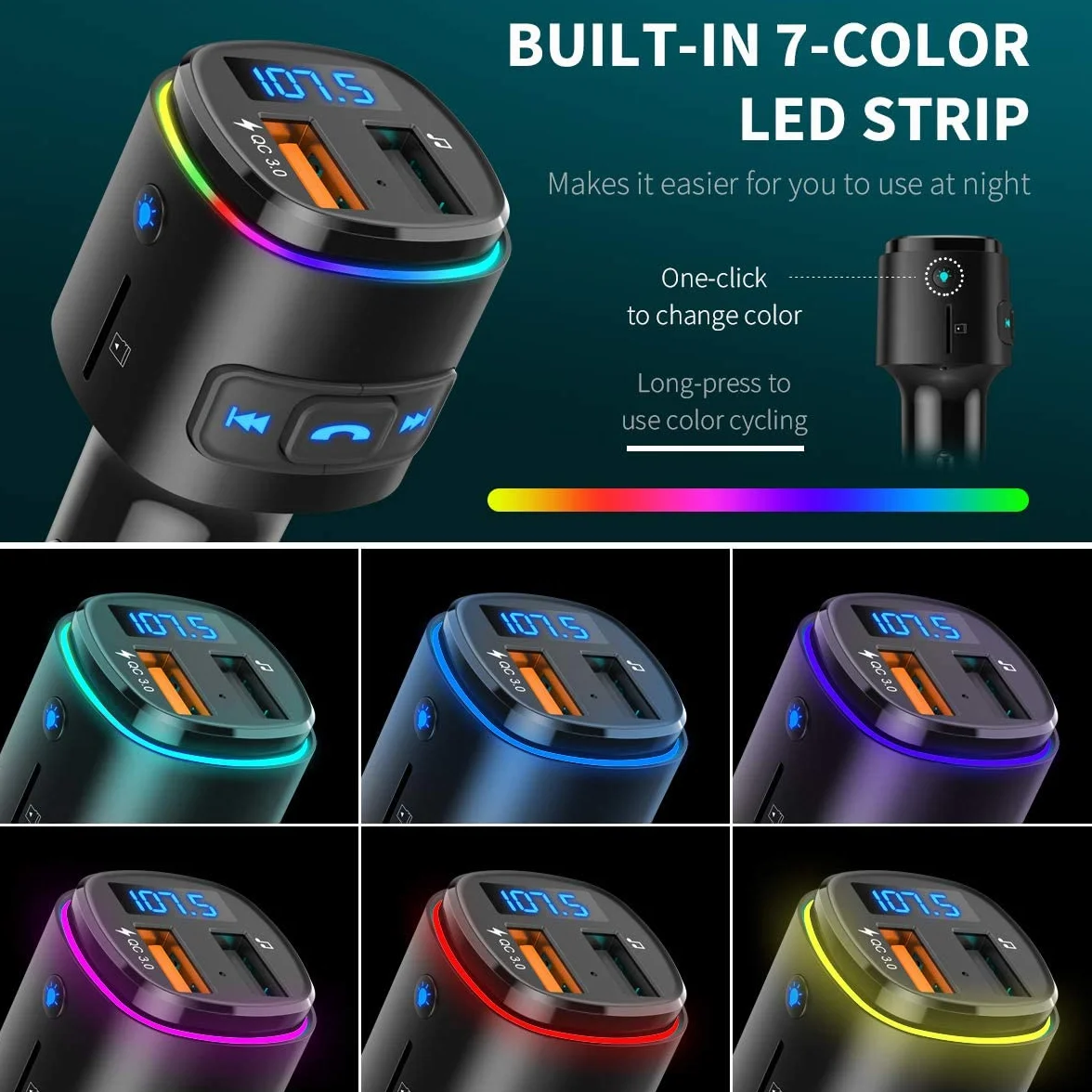ORIA nadajnik FM Bluetooth, adapter radiowy samochodowy, z Siri Assistant, QC 3.0 USB Port, samochodowy Bluetooth adapter muzyczny, zestaw samochodowy, obsługuje kartę USB/TF, pistolet czarny