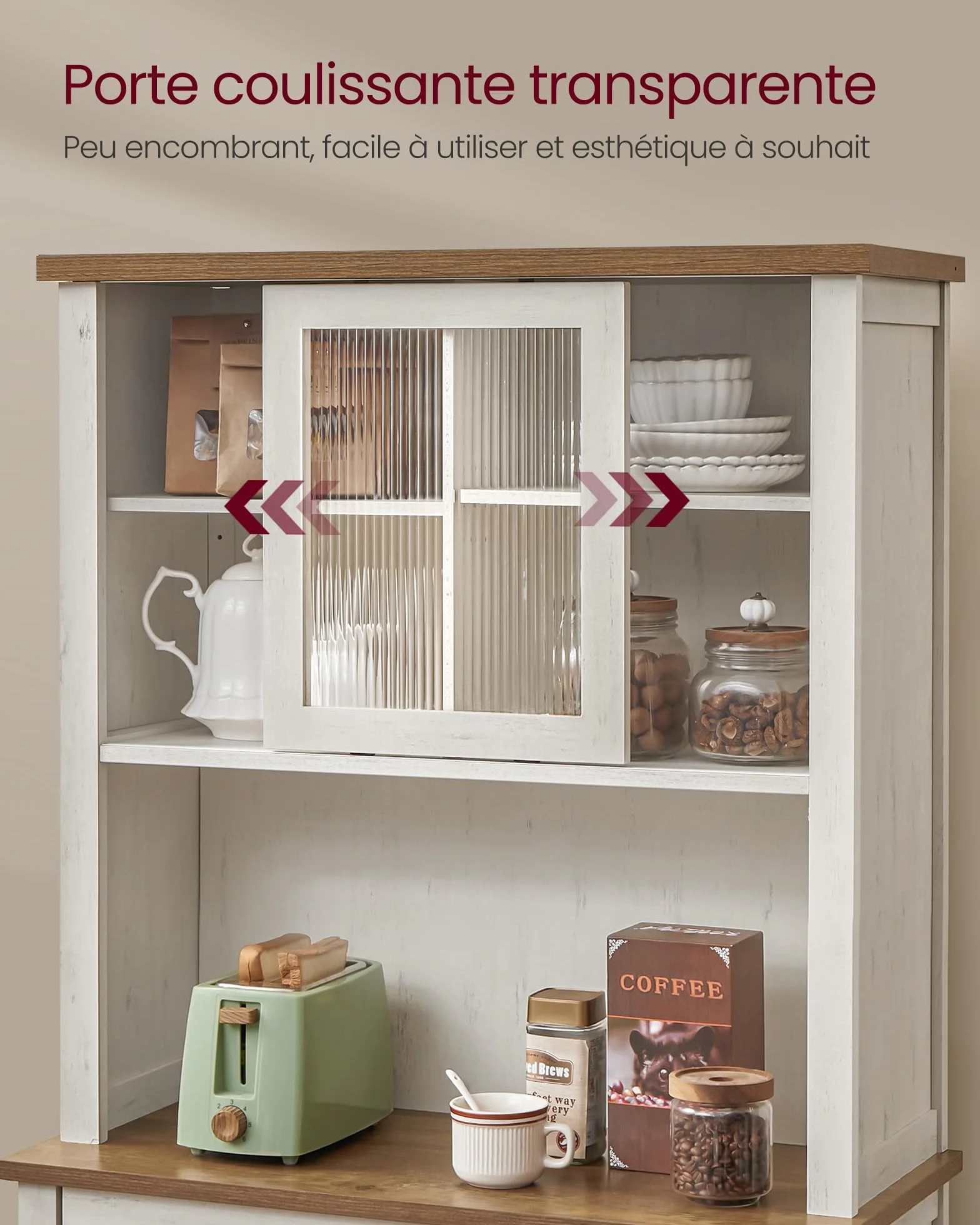 VASAGLE Meuble de Rangement avec Lumières et Chargeur, Placard de Cuisine, avec Portes et Tiroirs, 39,5 x 80,4 x 180,6 cm, Étagères Réglables, Style Campagne, Blanc Rustique et Marron Miel BBK363W22V1