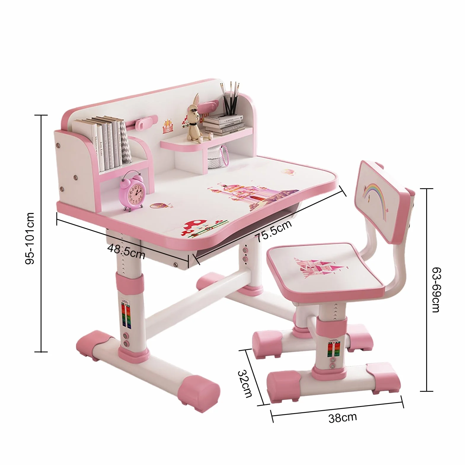 Ensemble bureau et chaise pour enfants, table d'étude pour enfants, bureau pour filles artistiques avec grand tableau à écrire, étagère, chaise ergonomique, cadeau d'anniversaire pour enfants