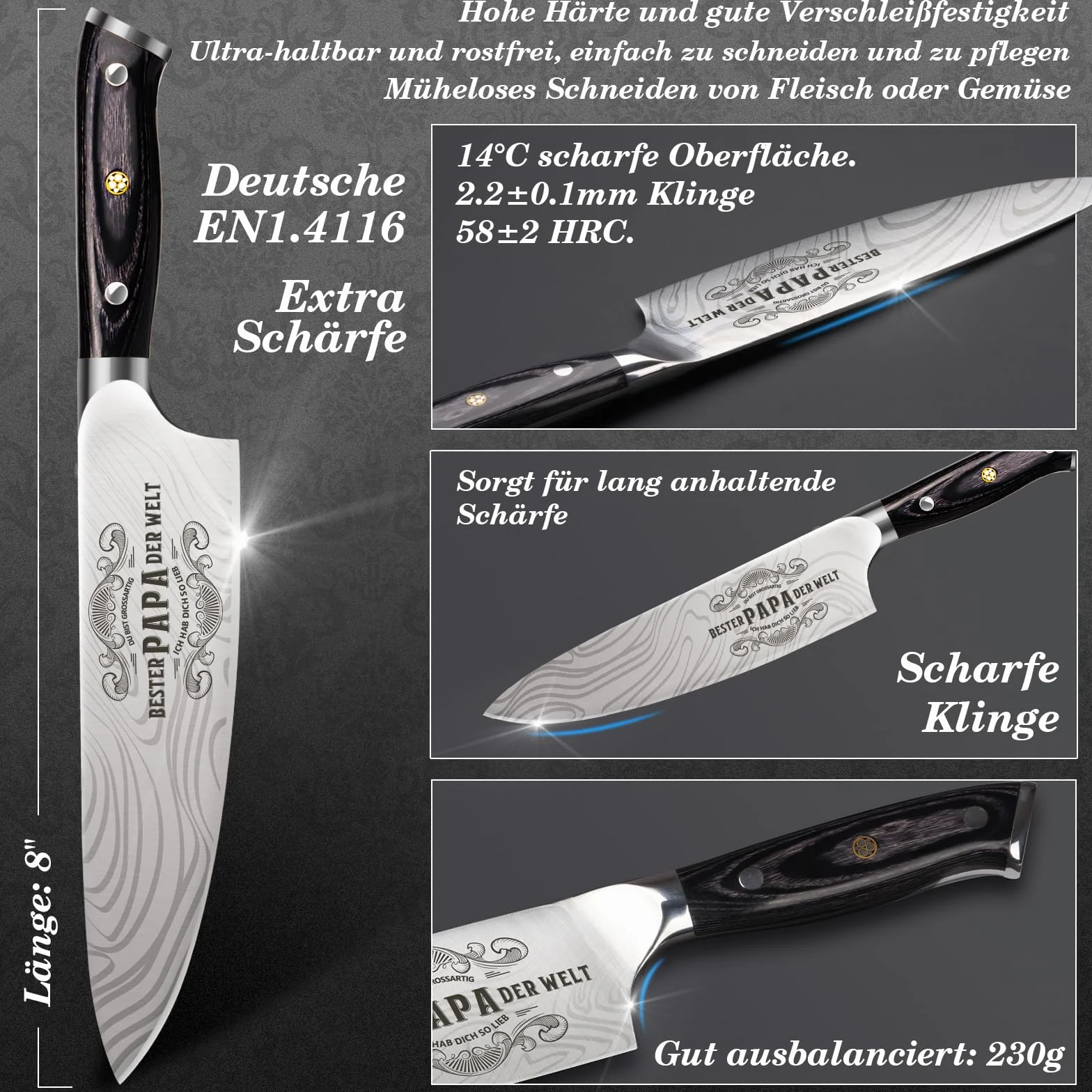 Couteau Chef Personnalisé Acier Inoxydable Allemand Cadeau Fête des Pères avec Boîte