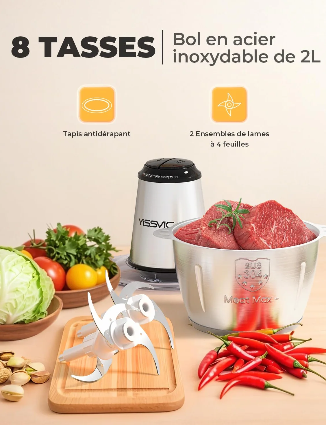 YISSVIC Hachoir Électrique 500W Mixeur Hachoir avec 2x4 Lames Bol Acier 2L Anneau Antidérapant 2 Vitesses Réglable Compatible Lave-Vaisselle Convient aux Fruits, Légumes, Viandes et Épices