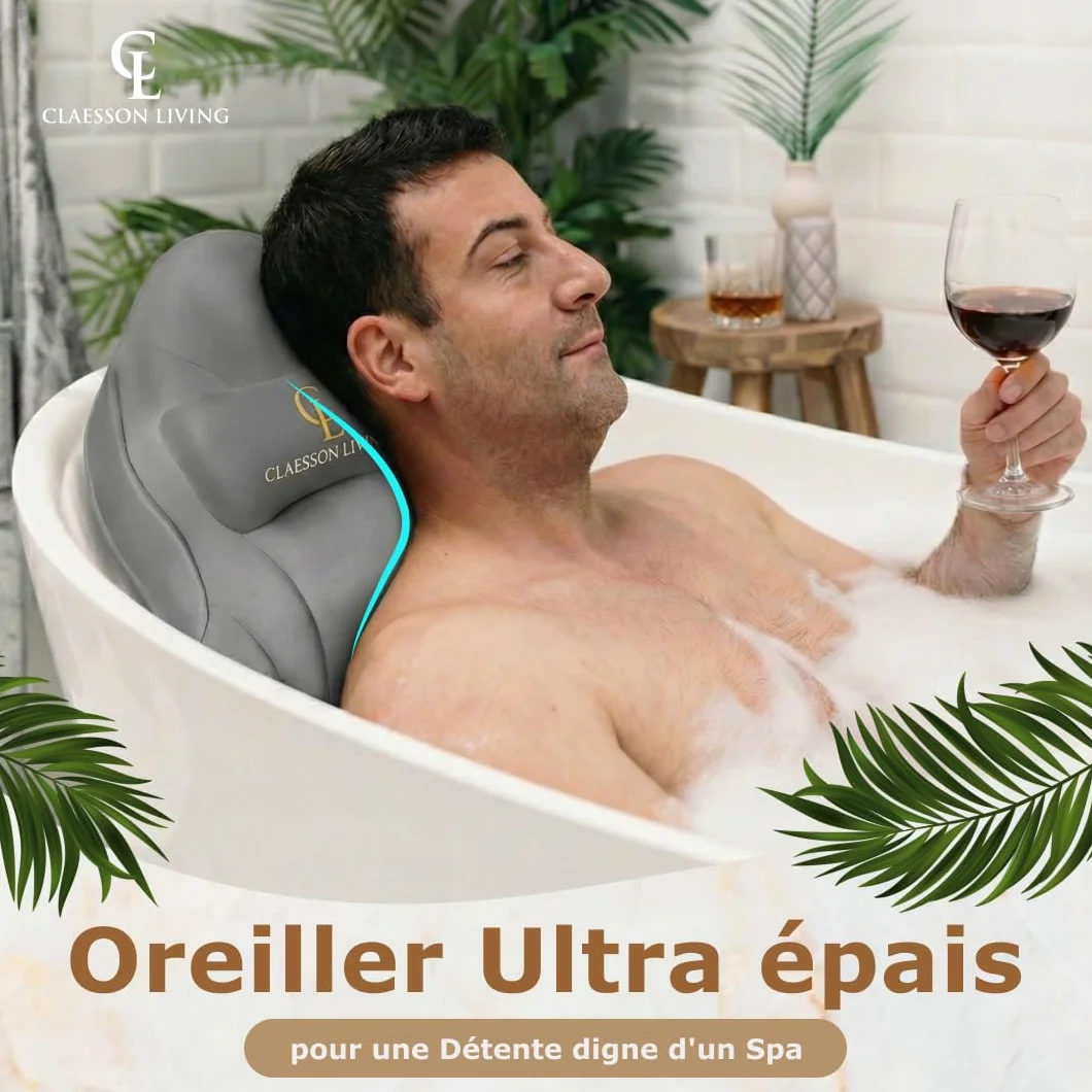 Coussin Baignoire Corps Complet Claessonliving (126x41cm) - Matelas de Bain avec appuie-tête (13cm) & Supports Corps - Coussin Baignoire Adulte - Oreiller Baignoire - Sacs de Lavage Inclus - Gris
