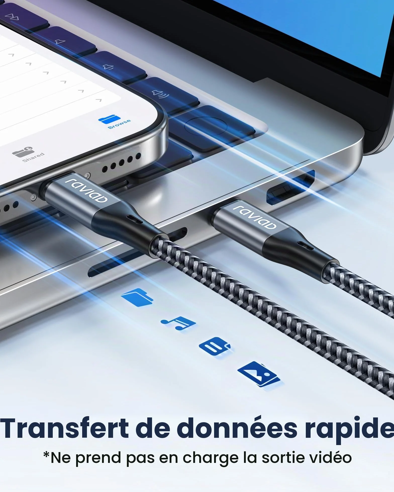 RAVIAD Câble USB C vers Lightning 1M MFi Certifié Charge Rapide Power Delivery Compatible iPhone 14 13 12 11 Pro Max Mini XR XS X 8 7 Plus 6s 6 SE Gris