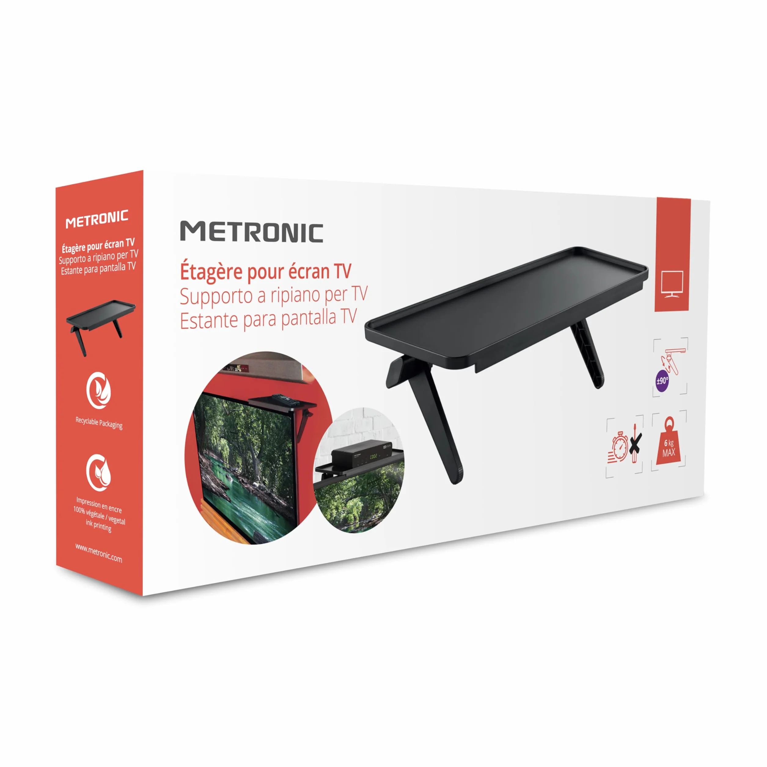 METRONIC 451074 Etagere pour TV Support Ecran Moniteur Tablette Decodeur Plateau Superieur Boitiers Multimedias Haut-parleurs Noir