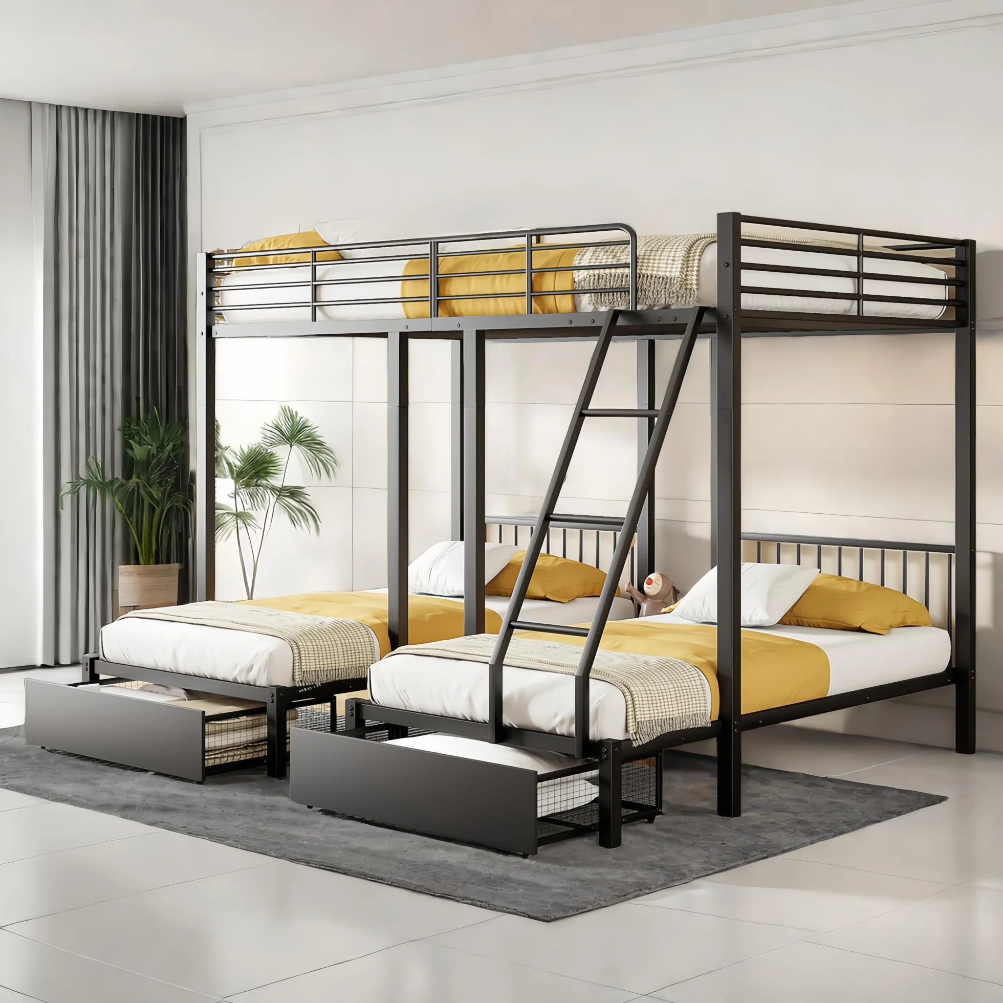 Sapgaks Lit superposé Triple avec tiroirs, lit Enfant,Convertible en Un lit Double 140 x 200 et Deux Lits Simples 90 x 200, lit Multifonctionnel avec Cadre métallique (Noir)