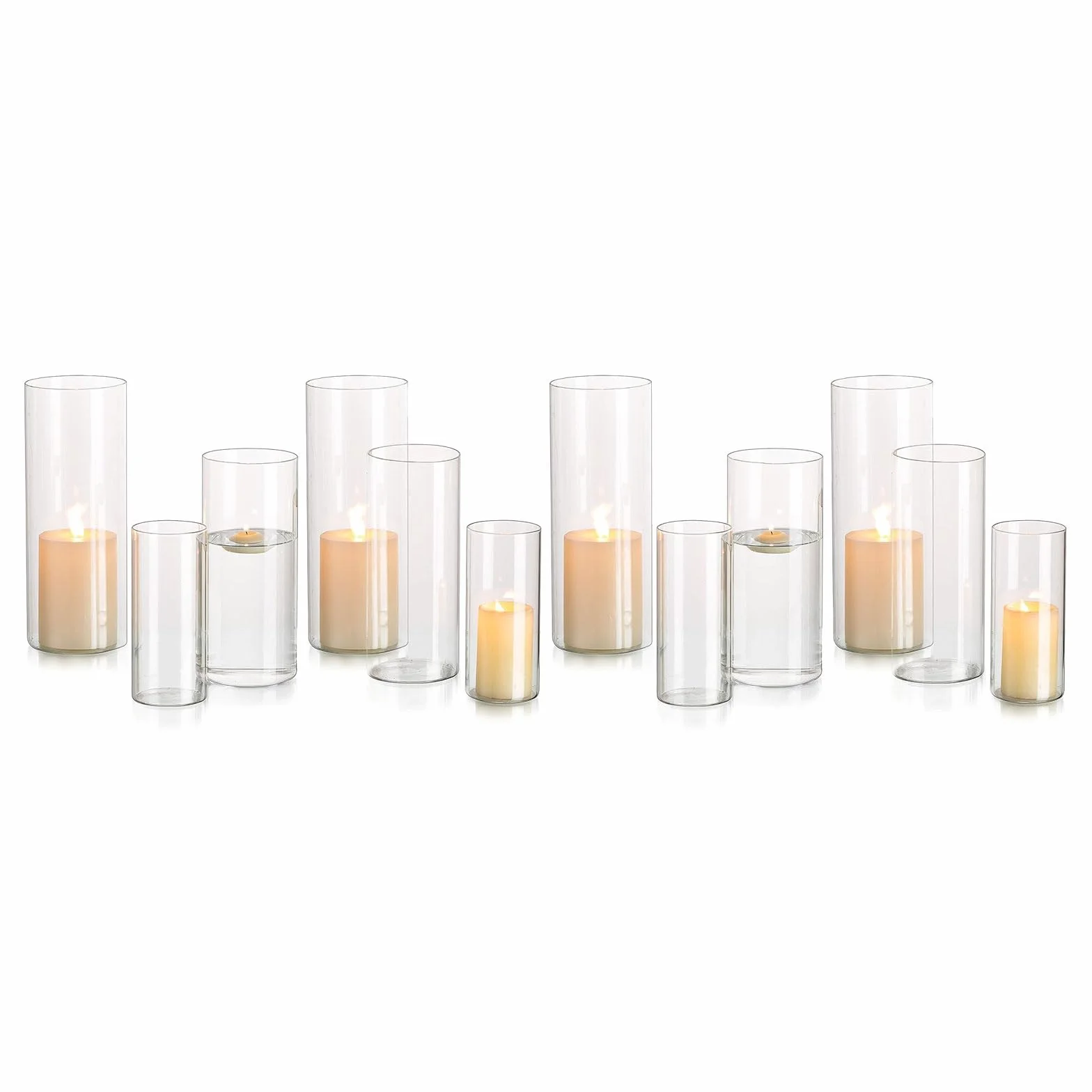Porte-Bougie Hurricane Cylindre en Verre : Vase À Fleurs Transparent pour Bougies Chauffe-Plat Pilier Votif Bougies Flottantes pour Décorations De Table À Manger (M+L+XL x 4)