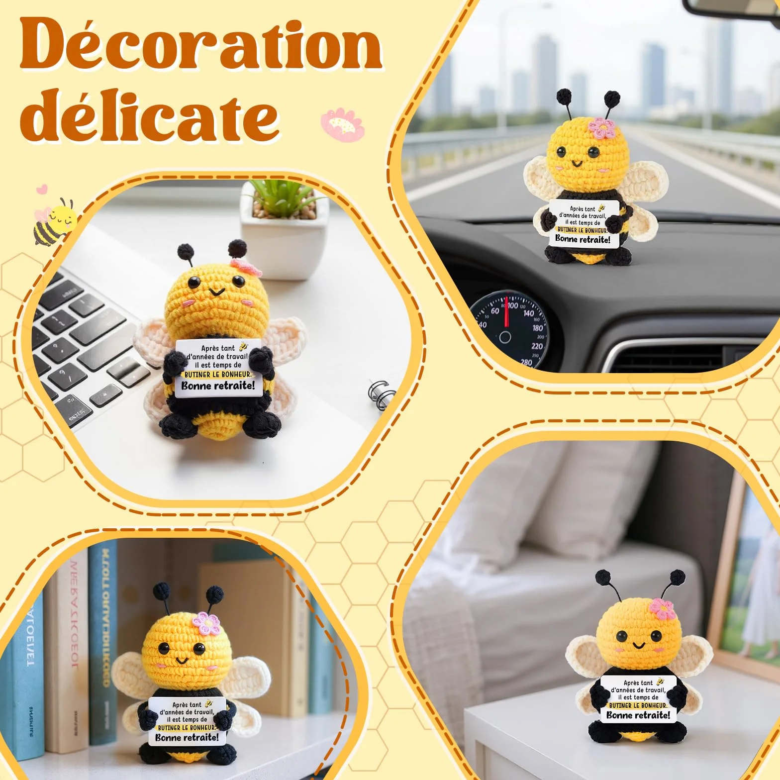 Gleevara Cadeau Retraite Femme Homme, Abeille Mignonne au Crochet Faite Main - Décoration Bureau Maison