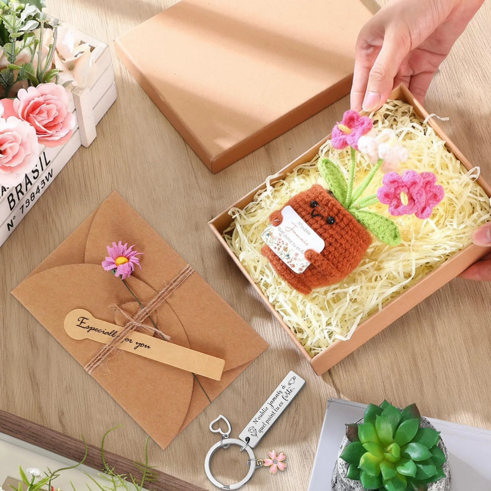 Porte-Clés au Crochet Plante en Pot avec Carte de Vœux Fleurs Séchées Coffret Cadeau