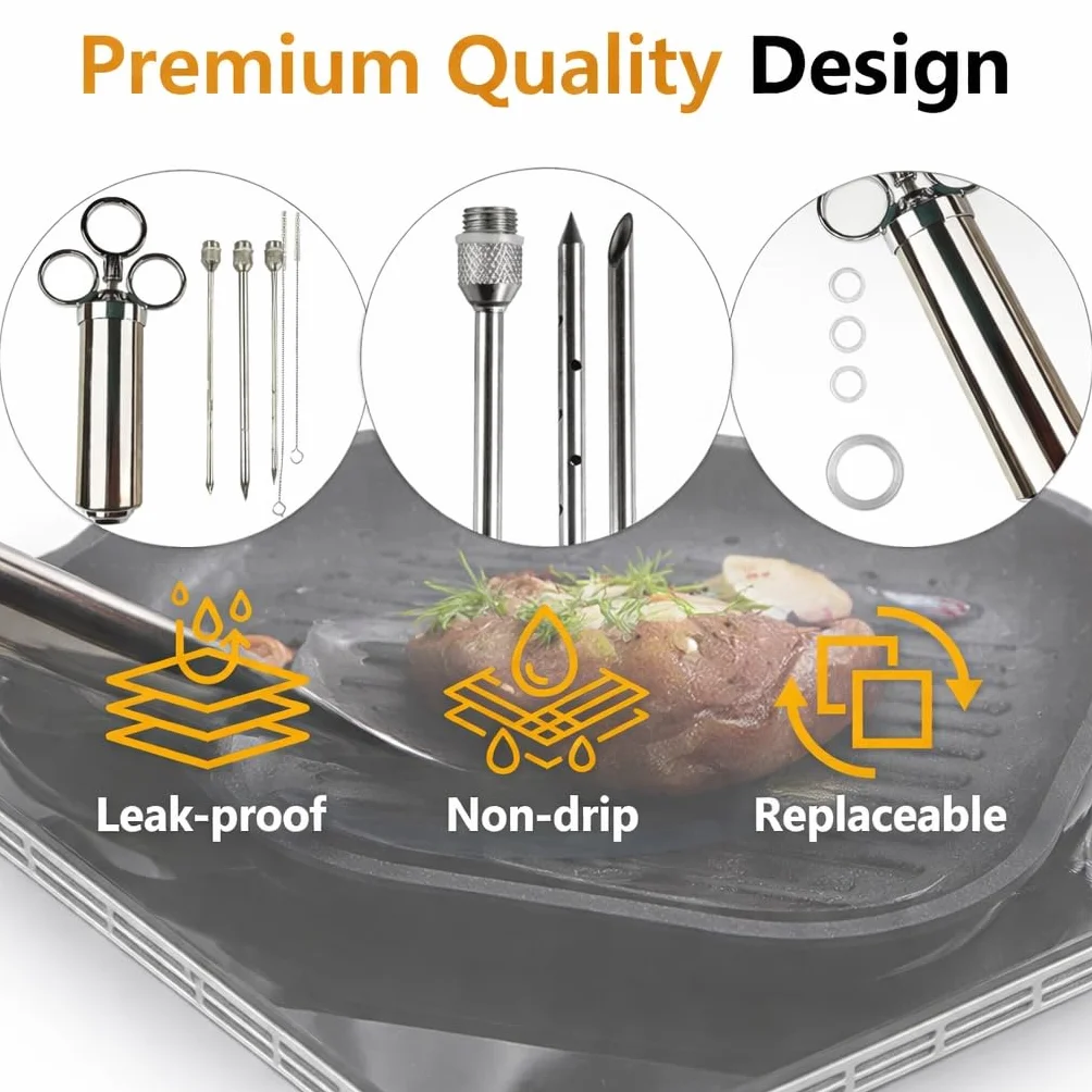 Seringue à marinade en acier inoxydable 60 ml avec 3 aiguilles – Injecteur de viande pour barbecue