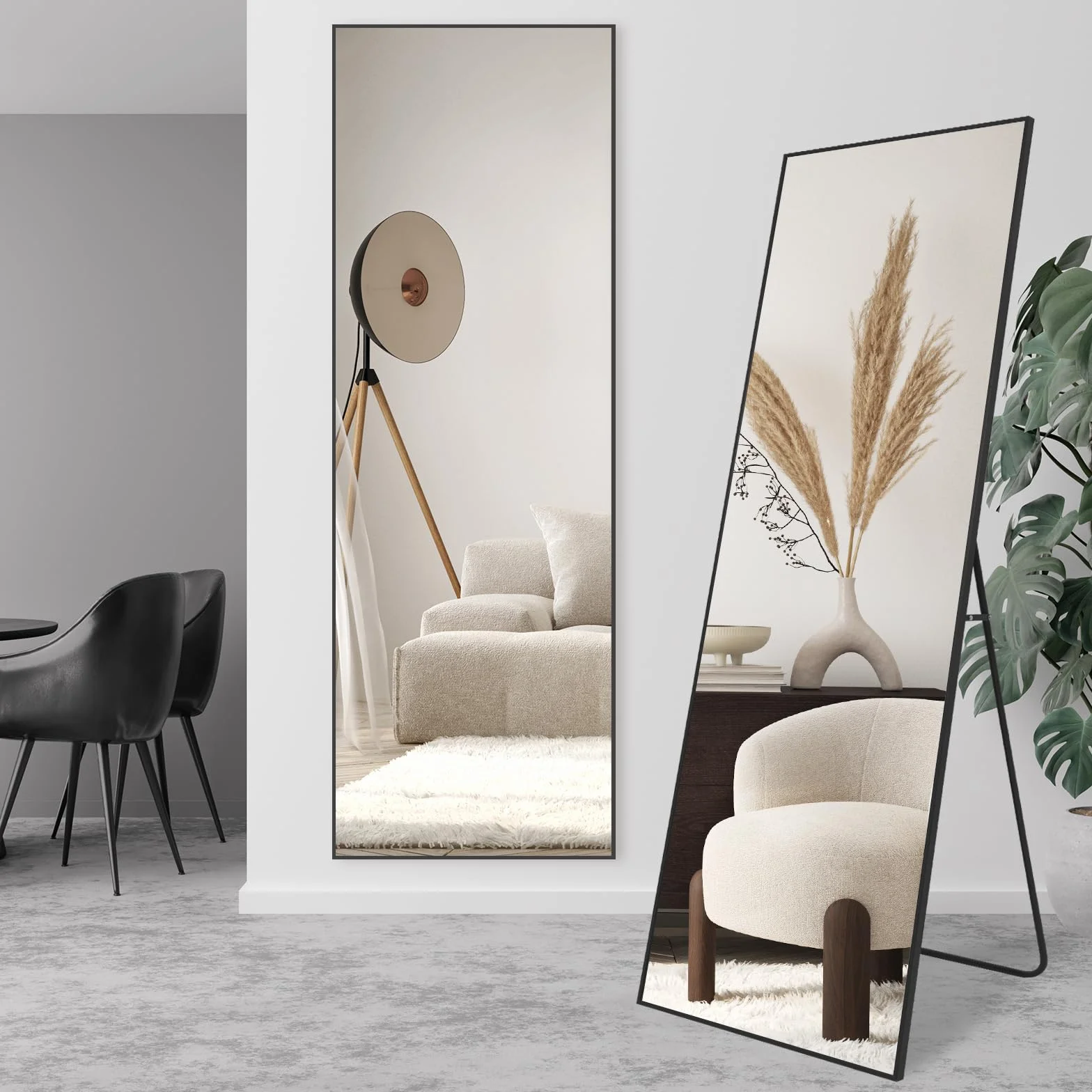 Miroir sur toute la longueur 147 x 44 cm cadre noir pour chambre salon entrée