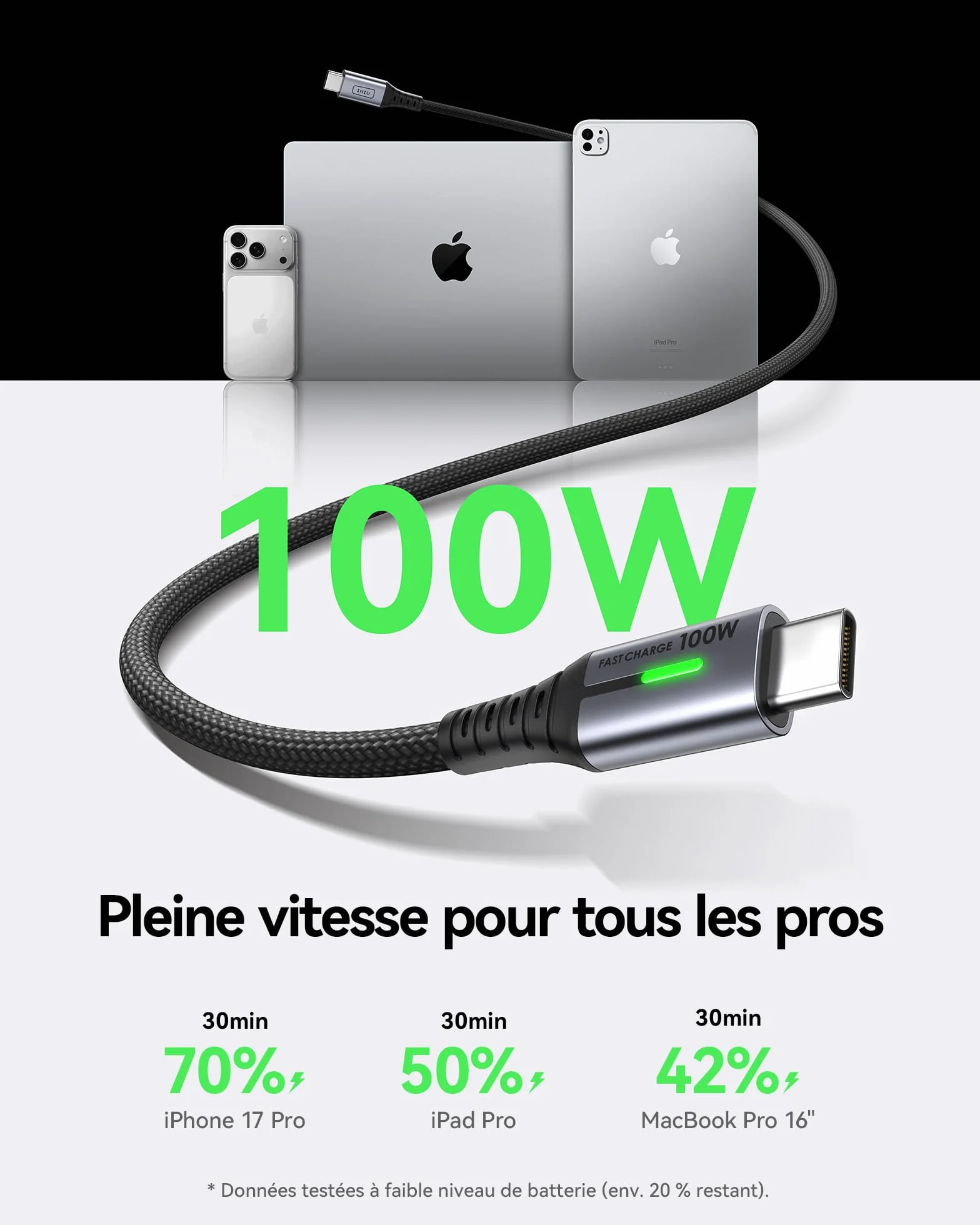 INIU Câble USB C 2m 100W 5A Charge Rapide PD 3.0 QC 4.0 Nylon Tressé pour iPhone Samsung Galaxy iPad MacBook
