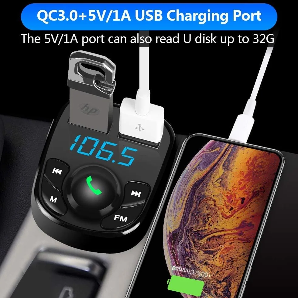 MKOIJN Samochodowy nadajnik FM Bluetooth Radio Adaptery Zestaw głośnomówiący Samochód MP3 Audio Odtwarzacz Ładowarka samochodowa z 2 portami USB (5V/2,4A i 1A)