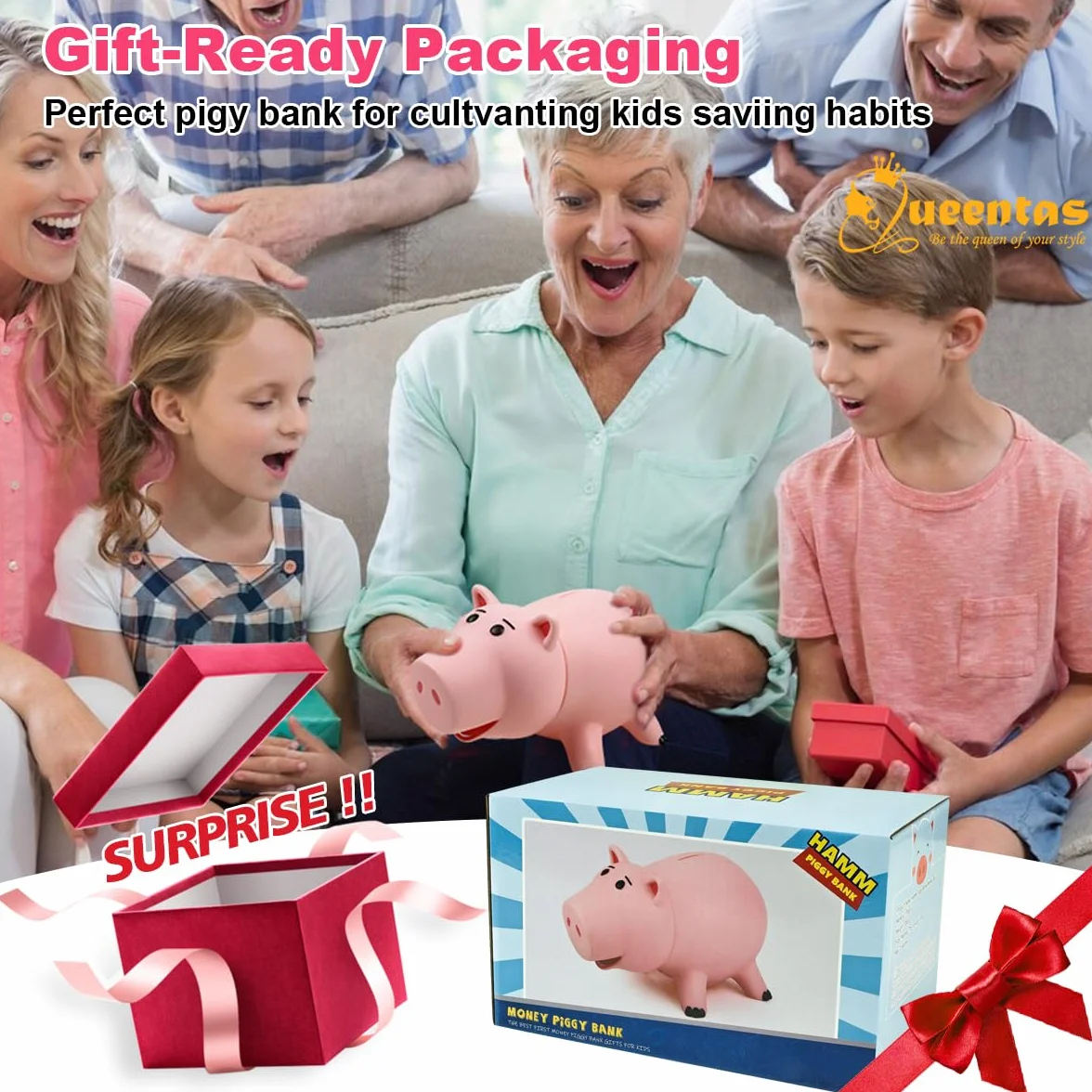 Queentas Tirelire Enfant Toy Story Hamm Tirelires décoratives Billet et Piece Cadeau Garcon Fille Rose