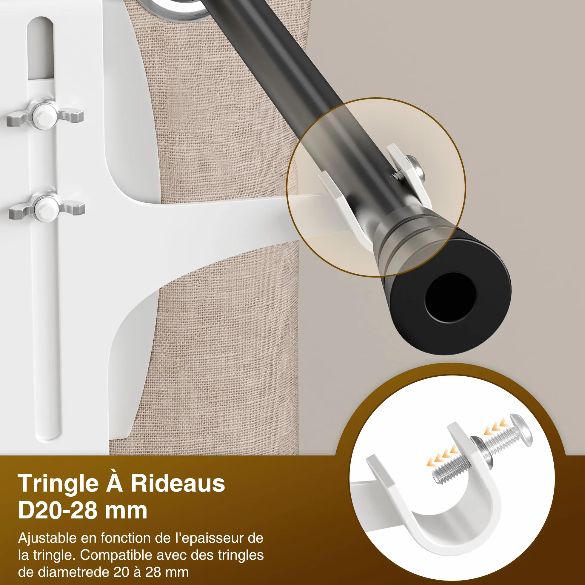 Supports de Tringle à Rideaux sans Perçage Lot de 2 - Fixations Universelles Métal Blanc pour Coffre de Volet Roulant ou Fenêtre