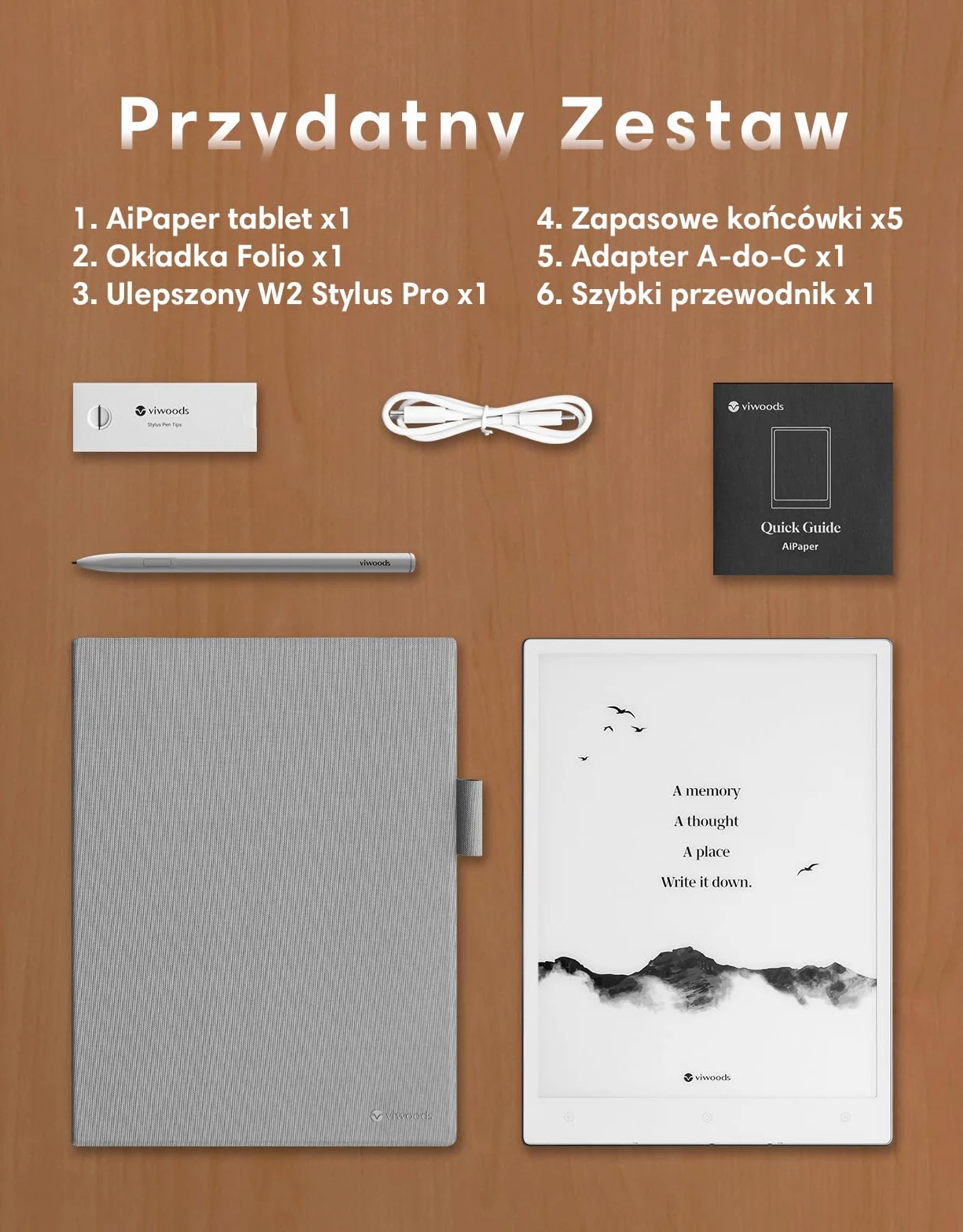 VIWOODS Zestaw Ulepszony z AiPaper, Stylus Pro i 5 Rysikami, Carta 1300 AI E Ink Tablet, 10.65'' 300PPI Elektroniczny Notatnik z Długopisem, Ultra-Cienki 4.5mm, Lekki 370g