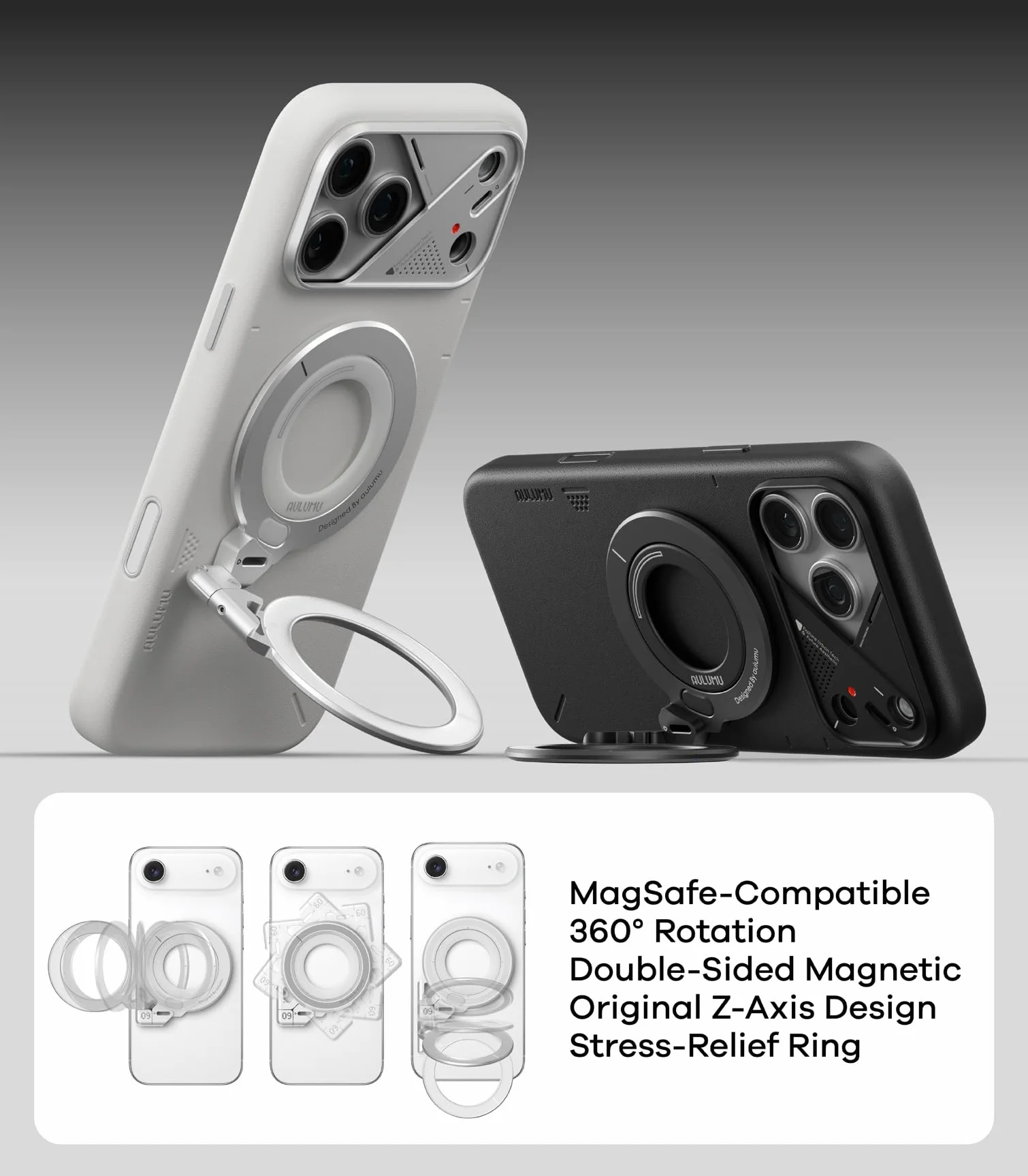 Aulumu G09 uchwyt na telefon komórkowy MagSafe, obracany o 360°, aluminiowy dwustronny magnetyczny uchwyt na palec do iPhone 17 16 15 14 13 12 i etui na telefon komórkowy Samsung, czarny