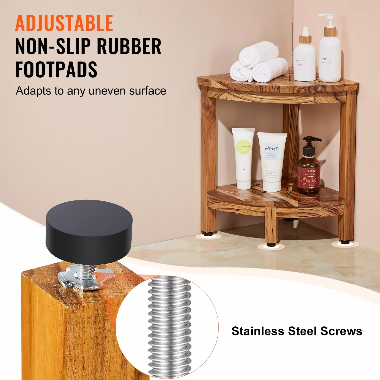 VEVOR Banc de Douche d'angle, Hauteur 43 cm, Rayon 30,5 cm, Tabouret en Teck, Capacité de Charge 136 kg, avec Étagère de Rangement, pour Douche Intérieure et Extérieure, Coin, Salle de Bain, Salon