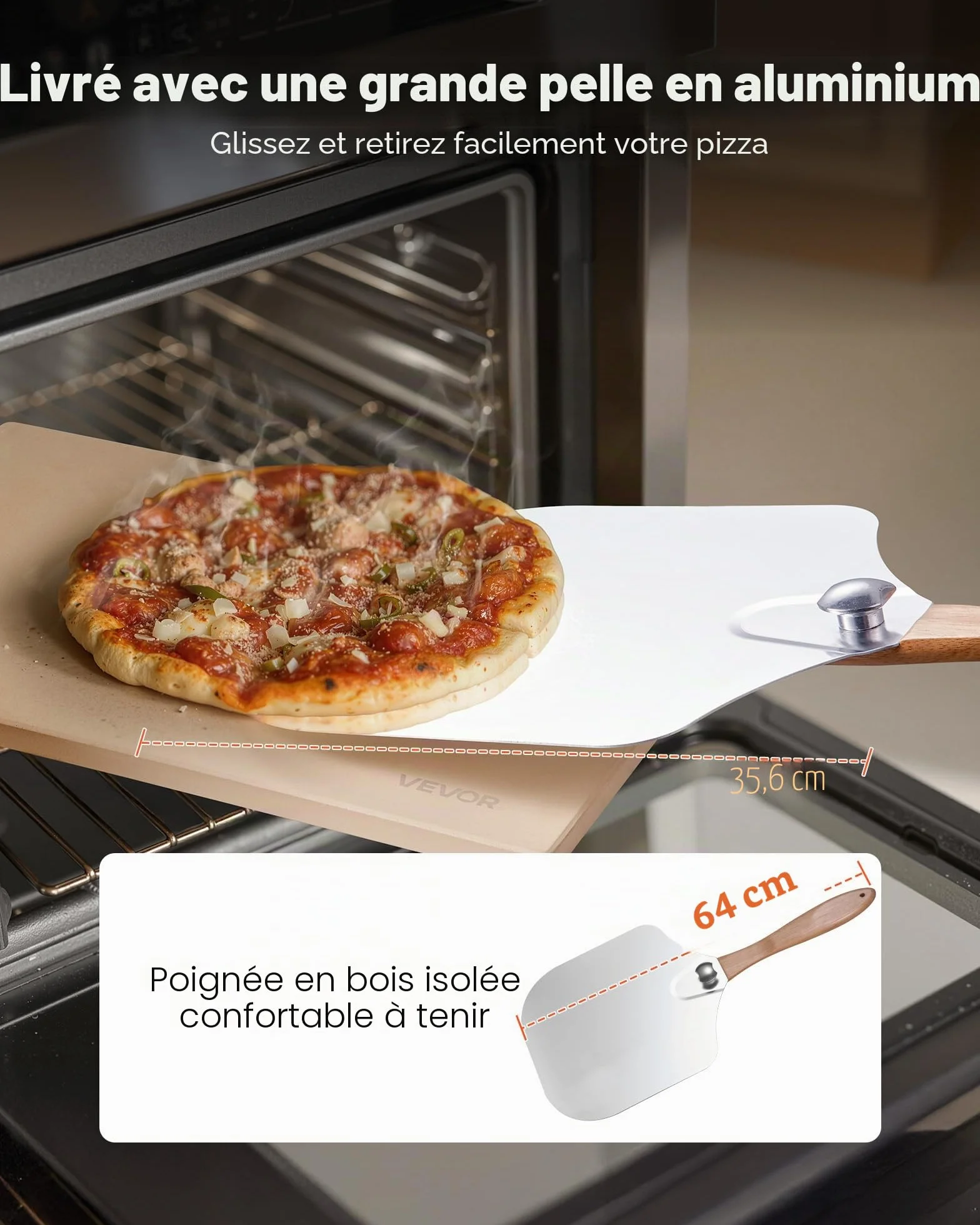 VEVOR Pierre à pizza rectangulaire en cordiérite 50,8 x 35,5 cm, pierre de cuisson extra large avec pelle en aluminium, résistante à la chaleur, épaisseur 1,5 cm, pour four, cuisson du pain, barbecue