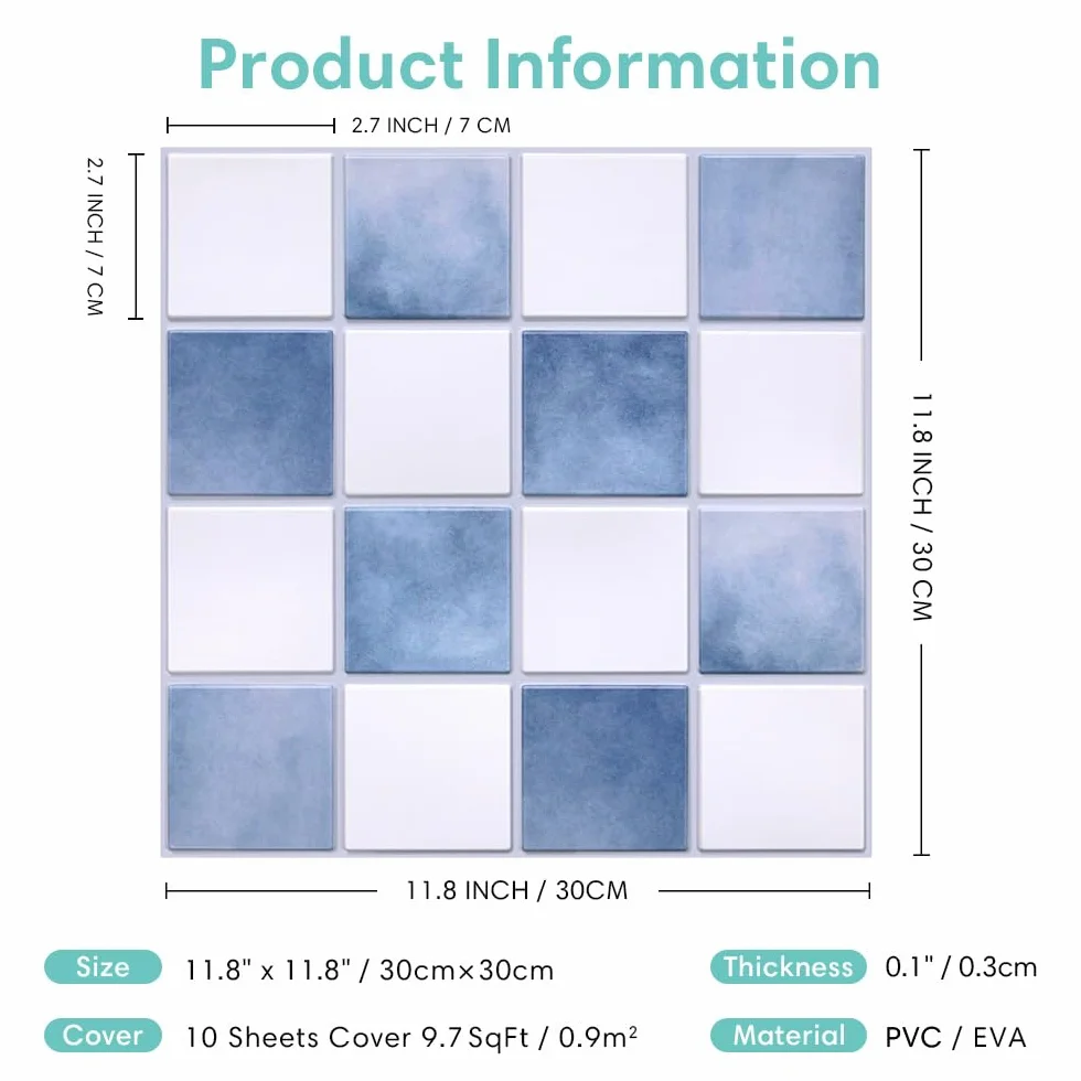 Commomy Autocollants Muraux 3D Bleu et Blanc 30x30 cm PVC Carreaux de Cuisine Salle de Bain