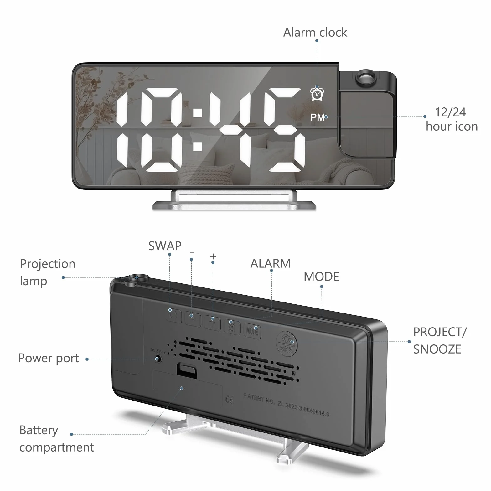 Réveil numérique à Projection avec température 180° Horloge de Table électronique Luminosité réglable Affichage 12/24 h