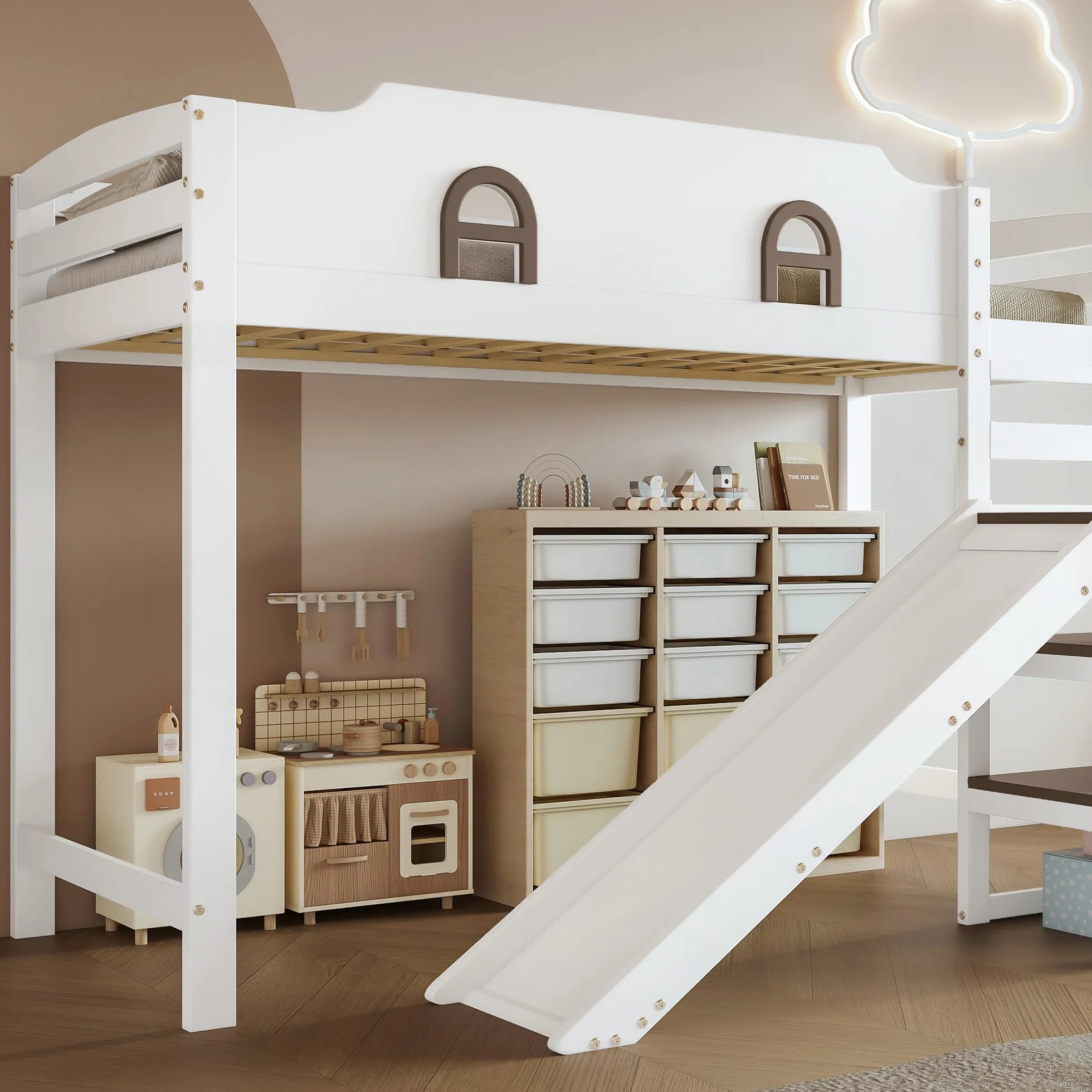 Zepneiy Lit Enfant 90x200 avec Toboggan et Rampe, Lit Superposé Enfant avec 2 casiers dans l'escalier et fenêtre, Pin et MDF Blanc (sans Matelas)