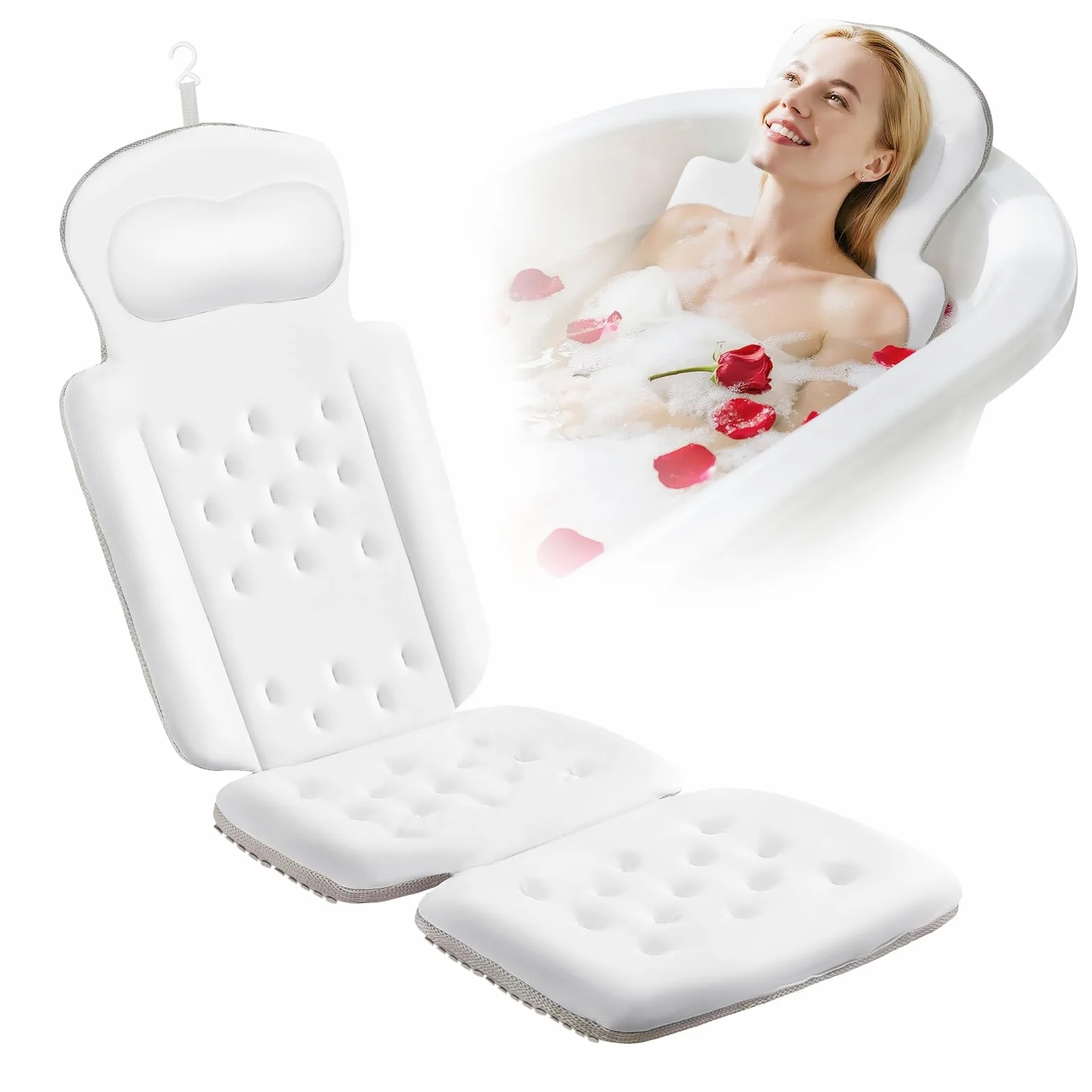 Coussin de bain Sxiiro, luxueux coussin de bain avec 192 ventouses, pour le soutien de la tête et du cou, blanc, 129,5 x 40,6 cm