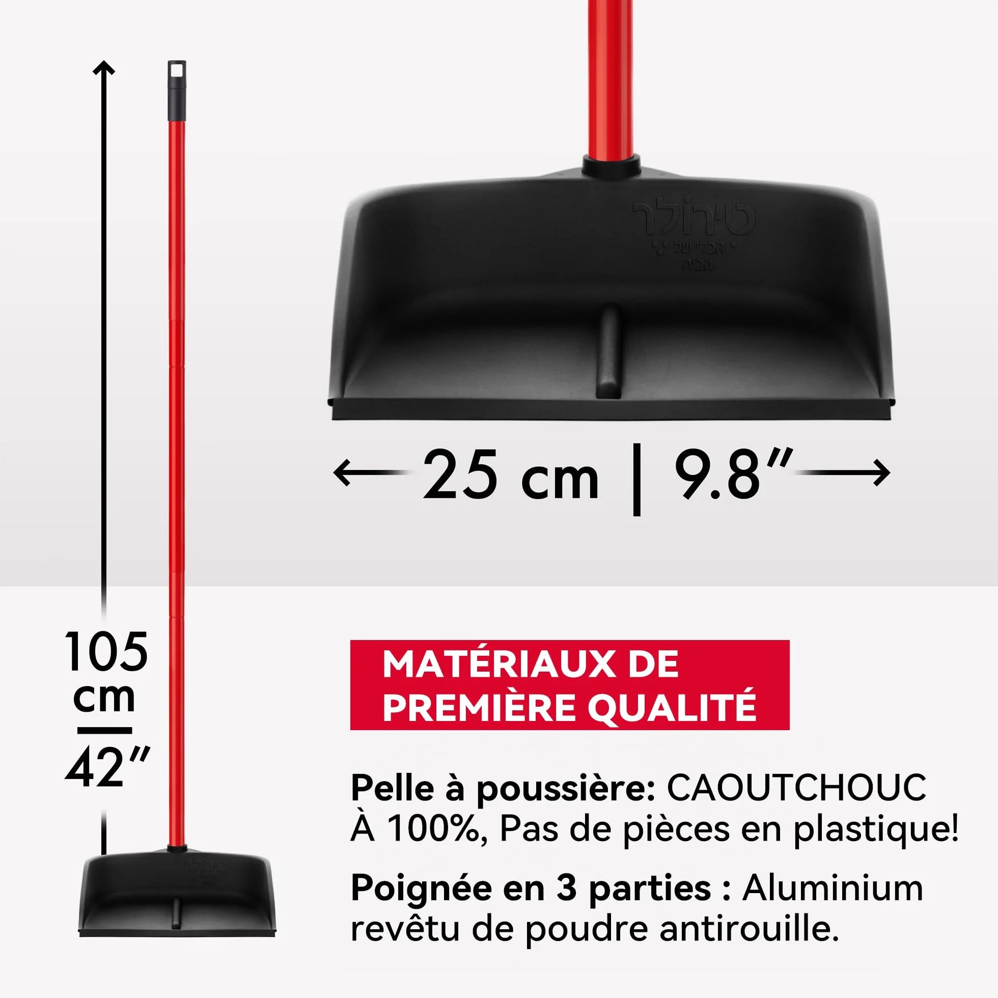 Pelle Ramasse Poussière à Manche Long Verticale 90 cm de Tyroler – Ramassette en Caoutchouc Adhérente au Sol pour Ramasser Efficacement Poussières, Poils et Déchets