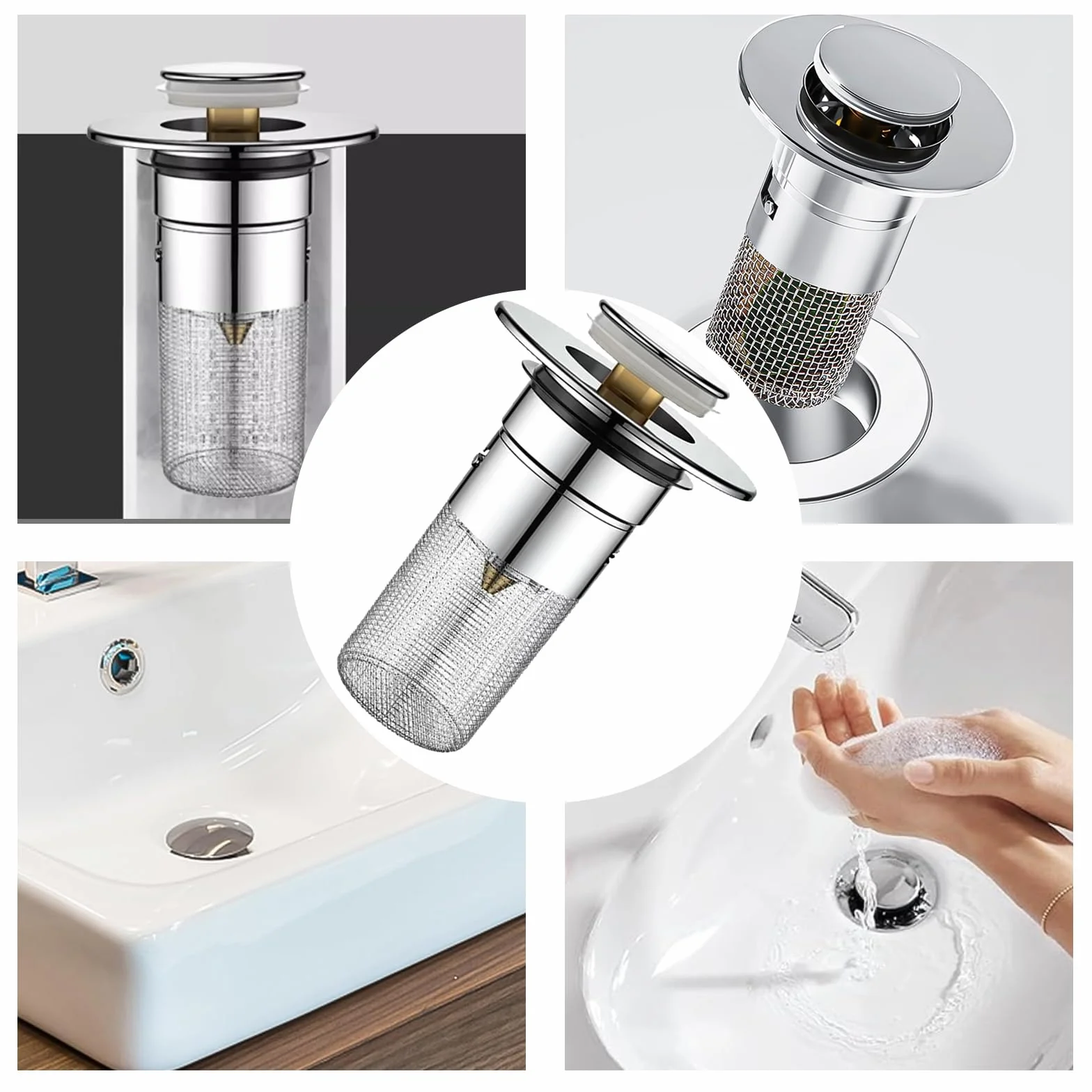 Bonde de lavabo Pop Up Universel, Filtre de vidange en Acier Inoxydable, Anti-colmatage avec Crépine 2 Pièces
