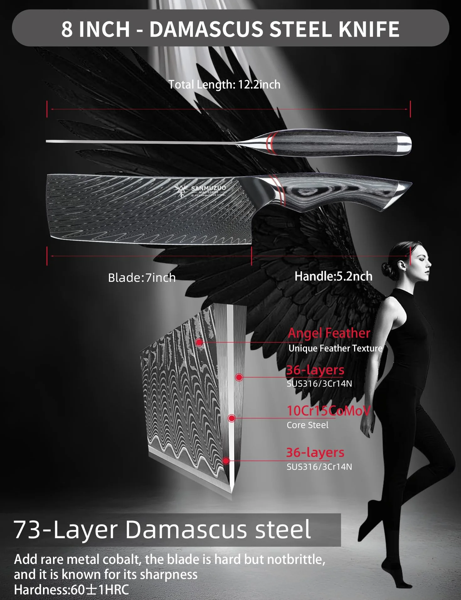 Couteau Nakiri 18 cm Couteaux de cuisine professionnels - Couteau japonais Usuba - Acier Damas noir avec manche ergonomique - Série MIAO