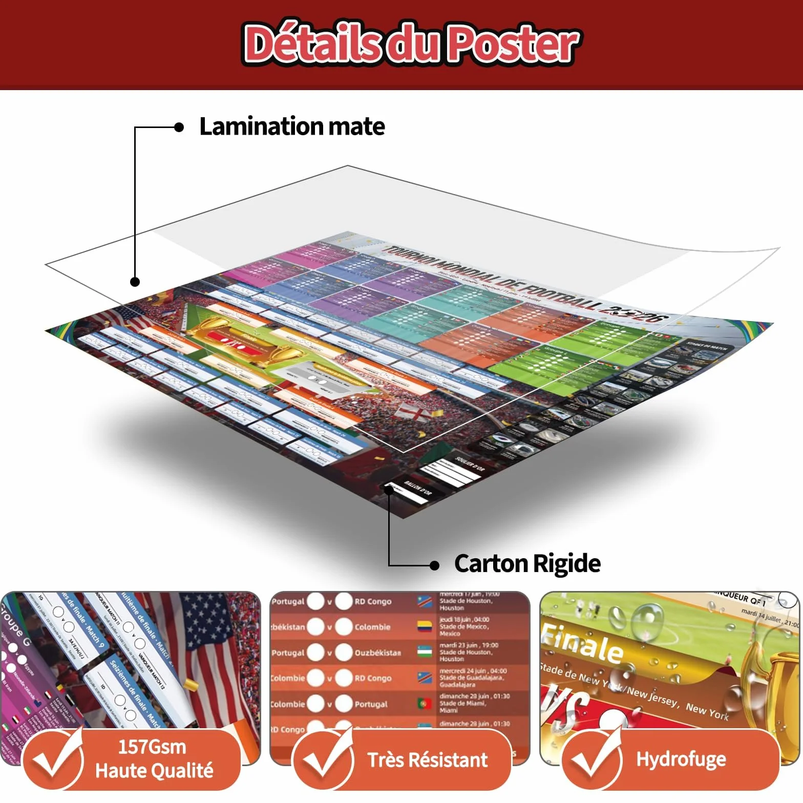 AhfuLife Calendrier Coupe du Monde de Football 2026, 100 x 70cm Poster 48 Pays Phase de Groupes Résultats Finale