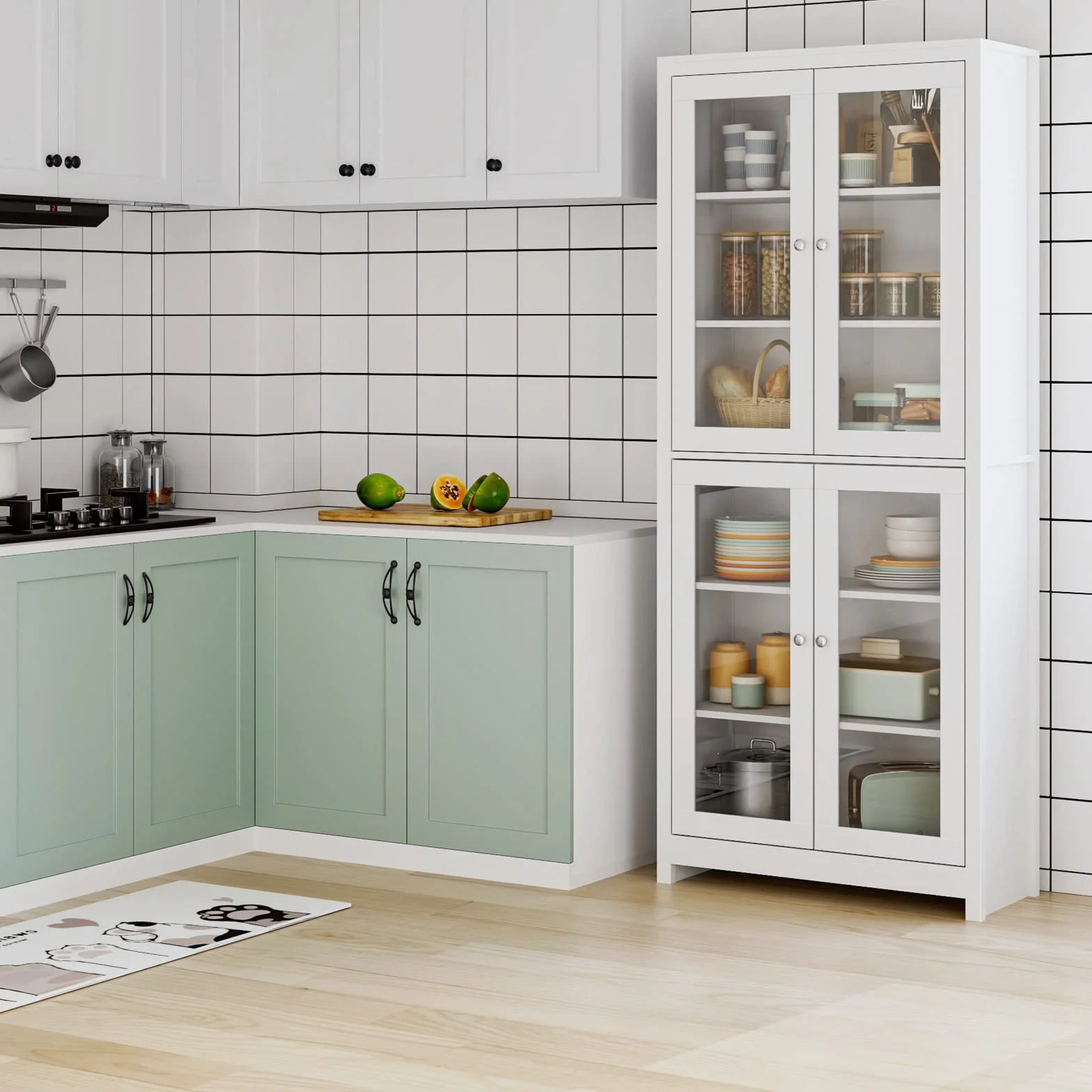 FOREHILL Vitrine en Verre 190cm Armoire Cuisine Haute avec 4 Portes Vitrées Meuble Vitrine Salon Bibliothèque avec 6 étagères de Rangement en Bois Blanc