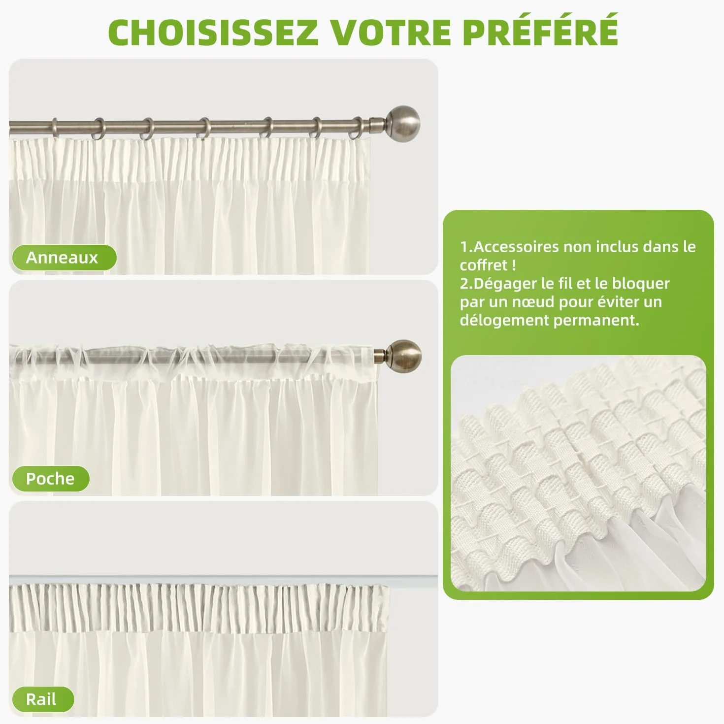 Lot de 2 Rideau Voilage Fenetre Beige 140x245 cm Transparent Moderne Cuisine Salon Chambre