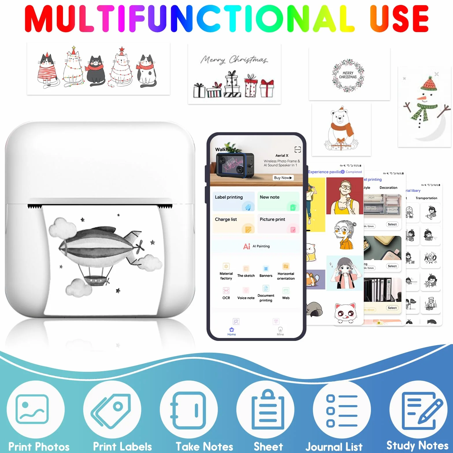Mini Imprimante Thermique Portable avec LED, Étiquettes Autocollantes pour Notes, Photos