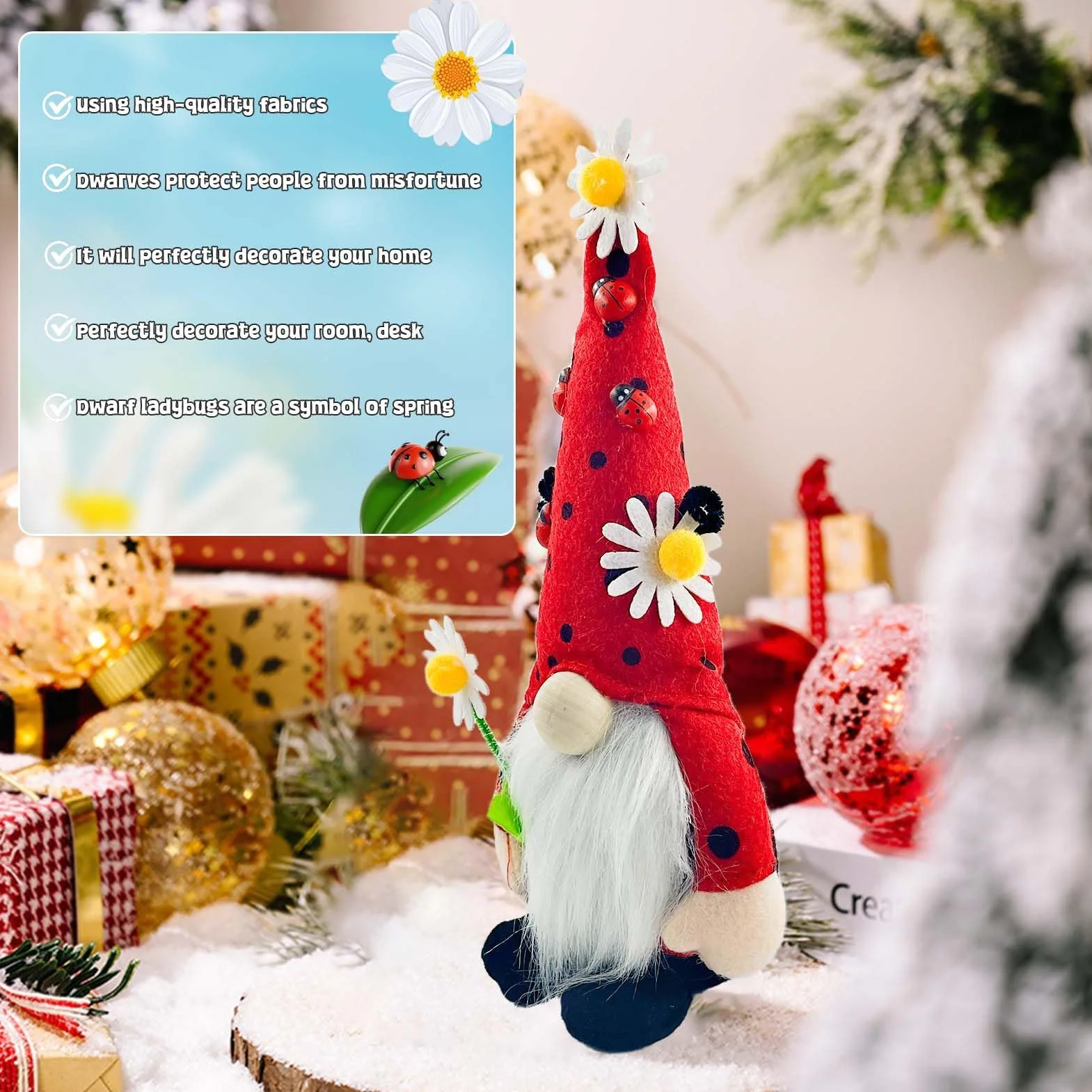 Lutin de Printemps Nain de Coccinelle Décoration Printemps Poupée Naine en Peluche sans Visage Faite à la Main