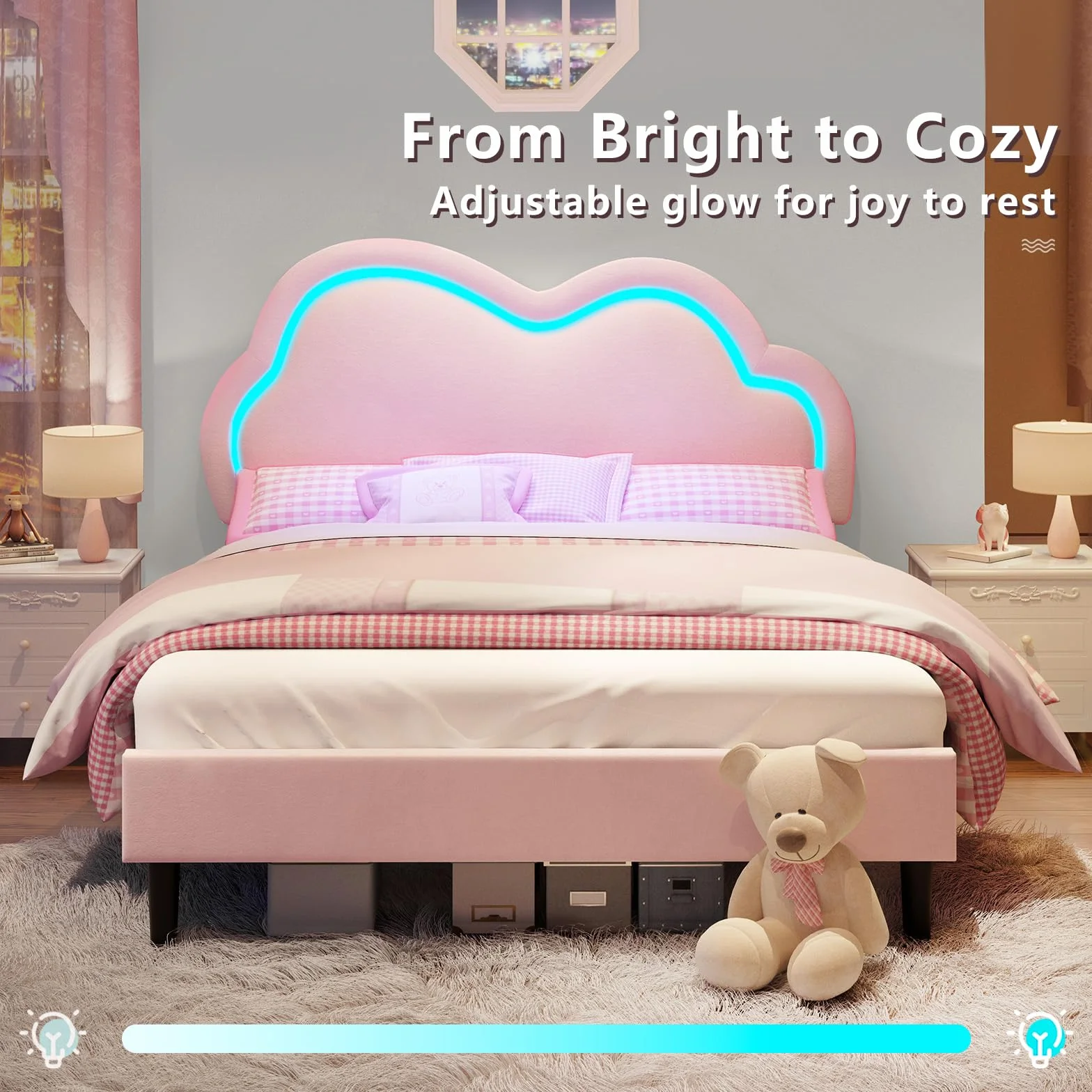 LUXOAK Cadre de lit 90 x 200 cm pour Fille, avec tête de lit en Forme de Nuage réglable, revêtement en Velours, éclairage RGB, Espace de Rangement de 18 cm sous Le lit, sans sommier, Couleur Rose