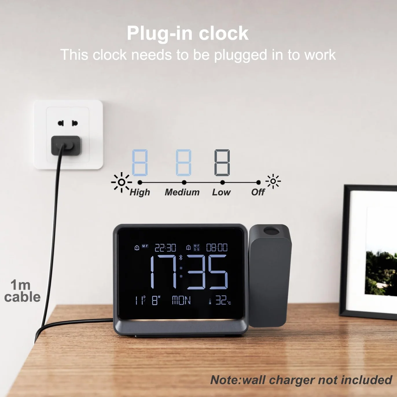 Horloge De Projection Numérique Chambre À Coucher Projecteur Rotatif 180° Synchronisation Heure Bluetooth Doubles Alarmes Date Température Variateur 4 Niveaux