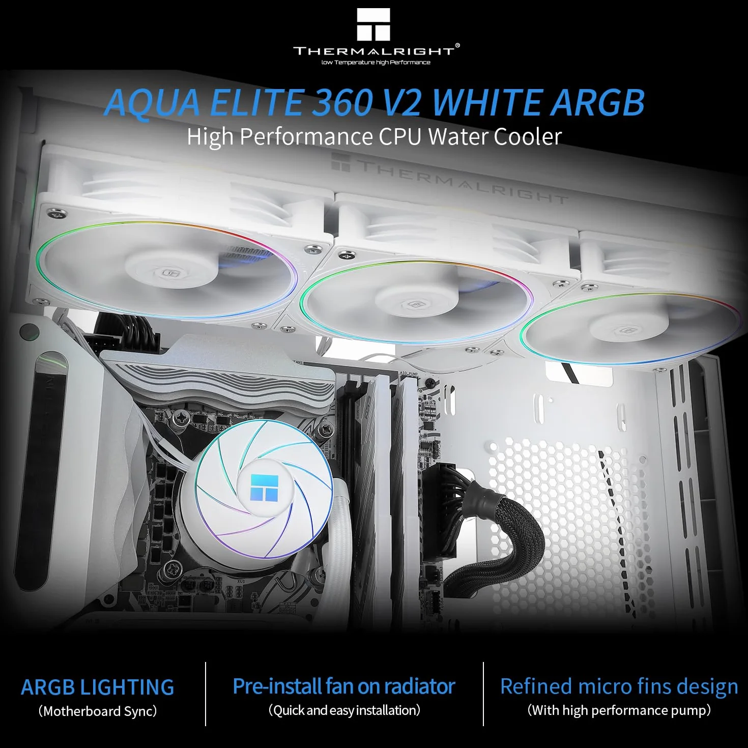 THERMALRIGHT Aqua Elite 360 Biały ARGB V2 chłodziarka wodna, 360mm Aio, 3 x wentylator PWM TL-S12W, efekt cienkiej ramki ARGB, do AM4/AM5, Intel LGA1150/1151/1155/1156/1200/2011/1700/1851
