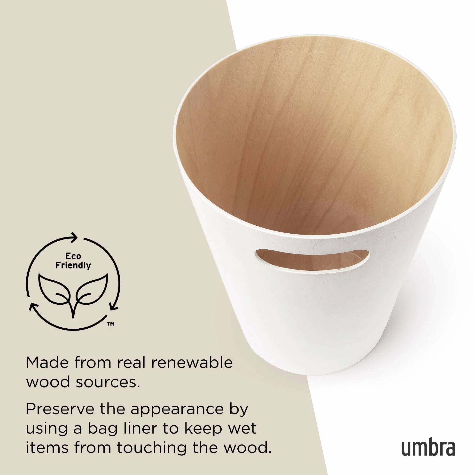 Umbra Woodrow Poubelle Corbeille À Papier Moderne Bois 7.5 L Salle De Bain Bureau Hêtre Commun Blanc/Naturel