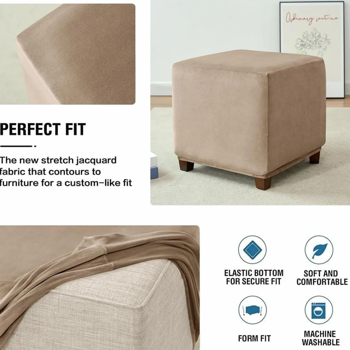 Housse de Pouf Ottoman Carré 40x40/35x35/60x60/50x50/45x45cm, Extensible Velours, Lavable en Machine, 55x55cm