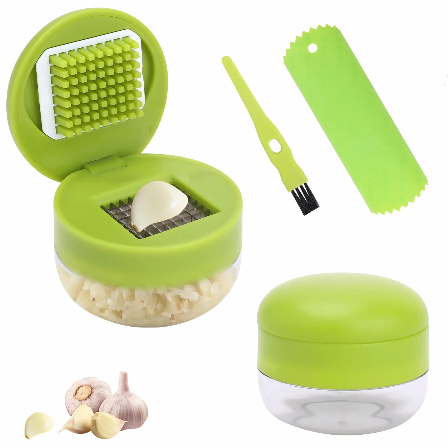 Set de Presse-Ail 2 Pièces, Presse-Ail Manuel avec Lames en Acier Inoxydable, Éplucheur Silicone et Brosse