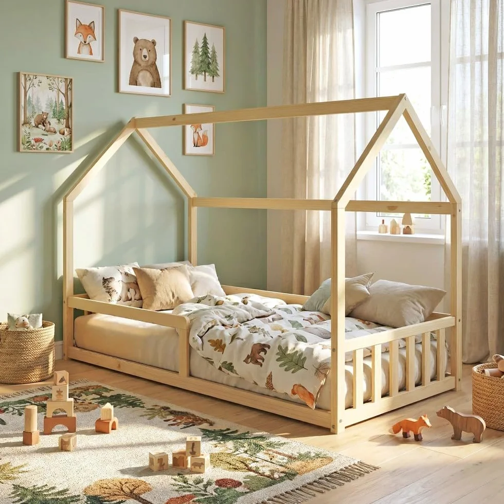 WEBER INDUSTRIES Lit cabane Nemo 90x190 + 1 sommier + barrière/Naturel