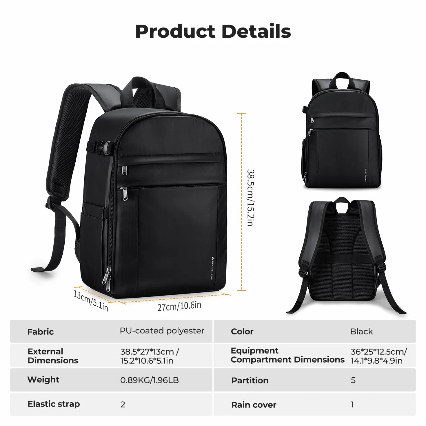 K&F CONCEPT Lekki i wodoodporny plecak na aparat 13 l do profesjonalnych zdjęć, kompatybilny z Sony Canon Nikon, w zestawie przednie kieszenie i uchwyt na statyw