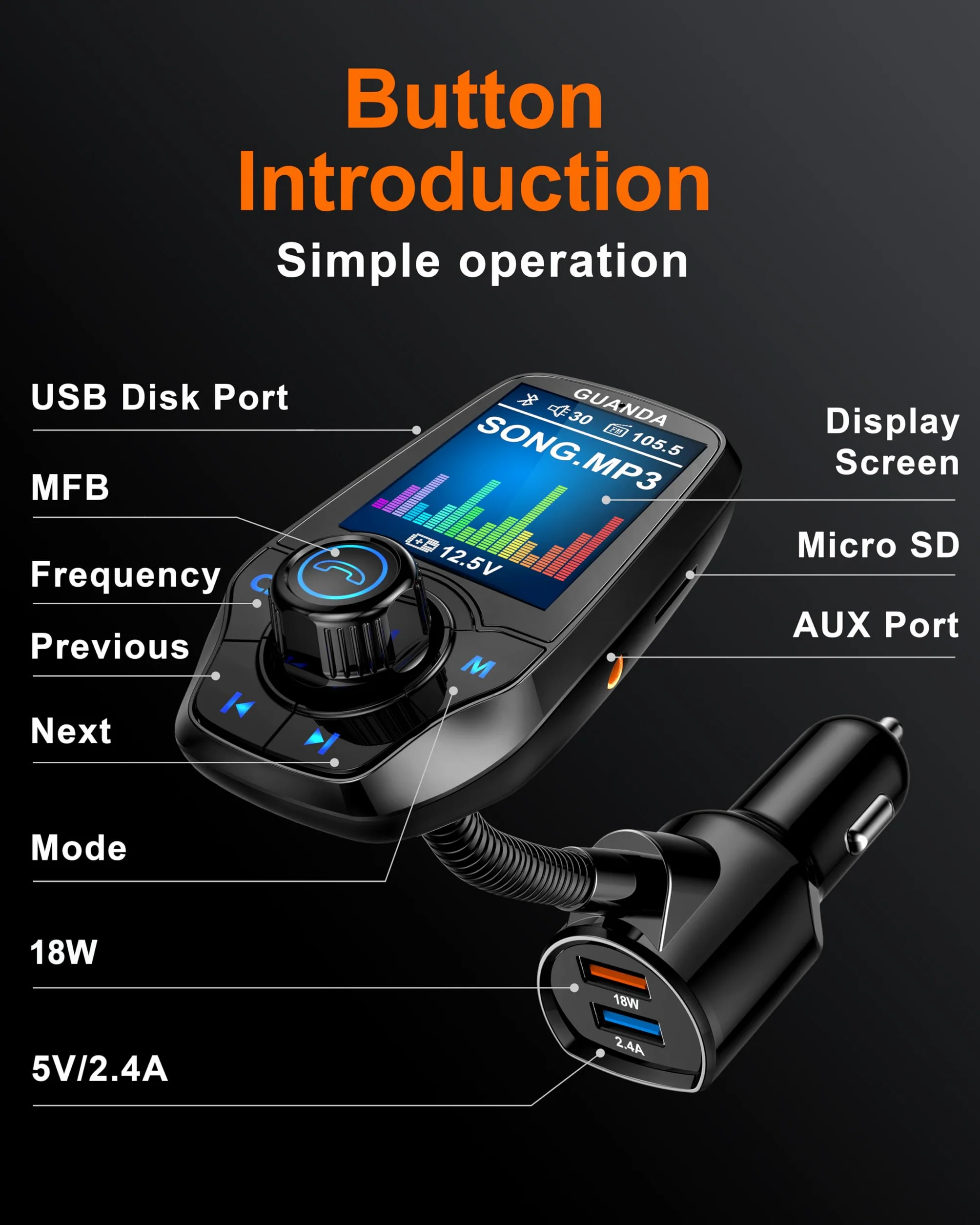 Bluetooth FM Transmitter for Car, Bluetooth Car Adapter, 4-in-1 Car MP3 Player with 1.8 Inch Color Display, AUX Input/Output, 3 Port USB, S Handsfree Call, SD/TF Card, USB Disk,QC3.0,5 EQ Modes