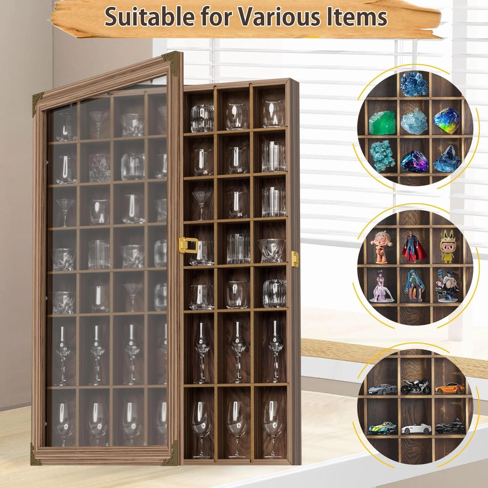 Vitrine pour 49 verres à shot avec étagère amovible - Boîte murale verrouillable avec protection UV - Porte en verre acrylique - Collection en bois