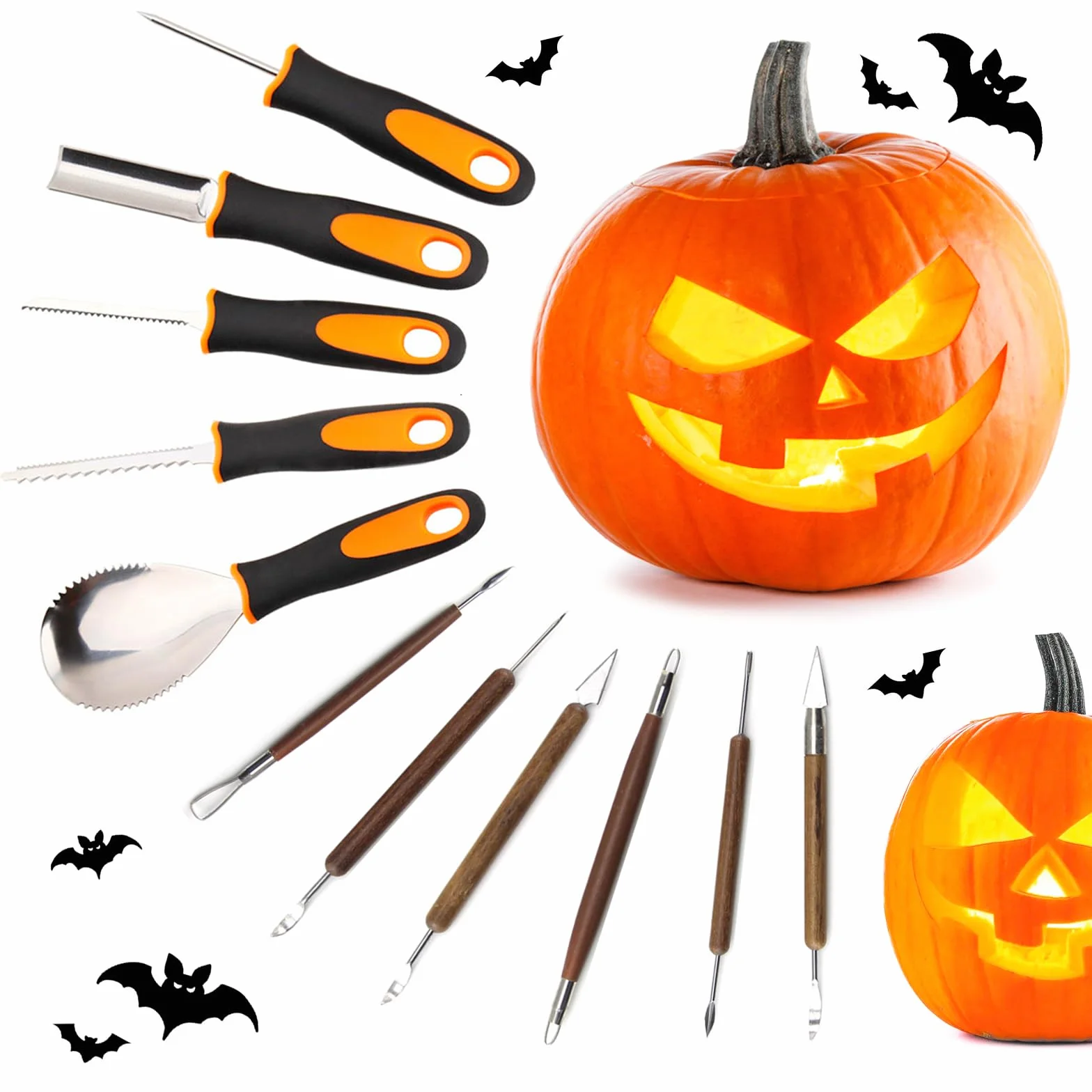 Kit sculpture citrouille 11 pièces acier inoxydable Halloween, couteau découper cuillère poignée ergonomique