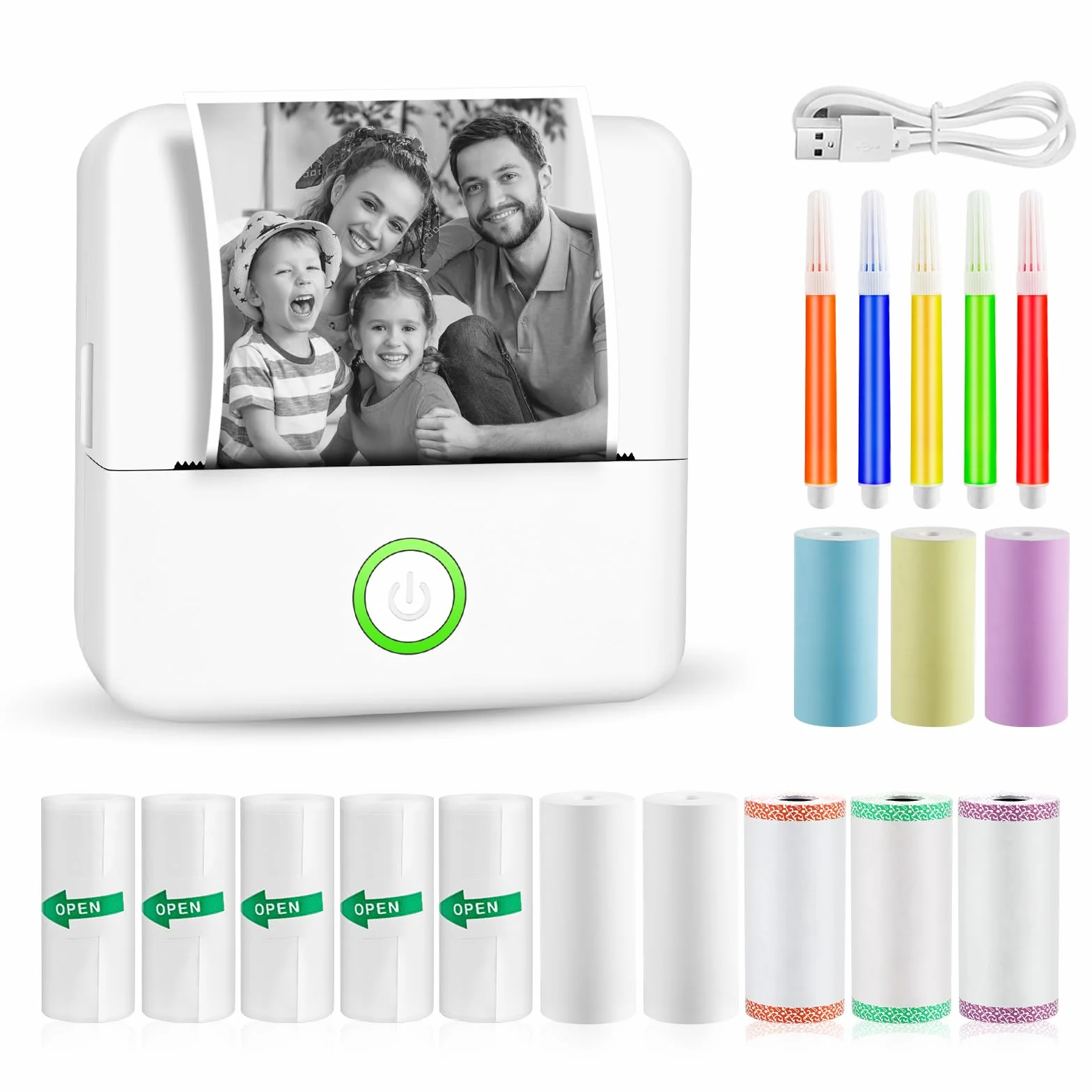 GuKKK Mini drukarka, mobilna drukarka fotograficzna, przenośna, bezprzewodowa drukarka termiczna, 13 rolek papieru do drukarki i 5 kredek, smartfon Bluetooth, do listy, dziennika