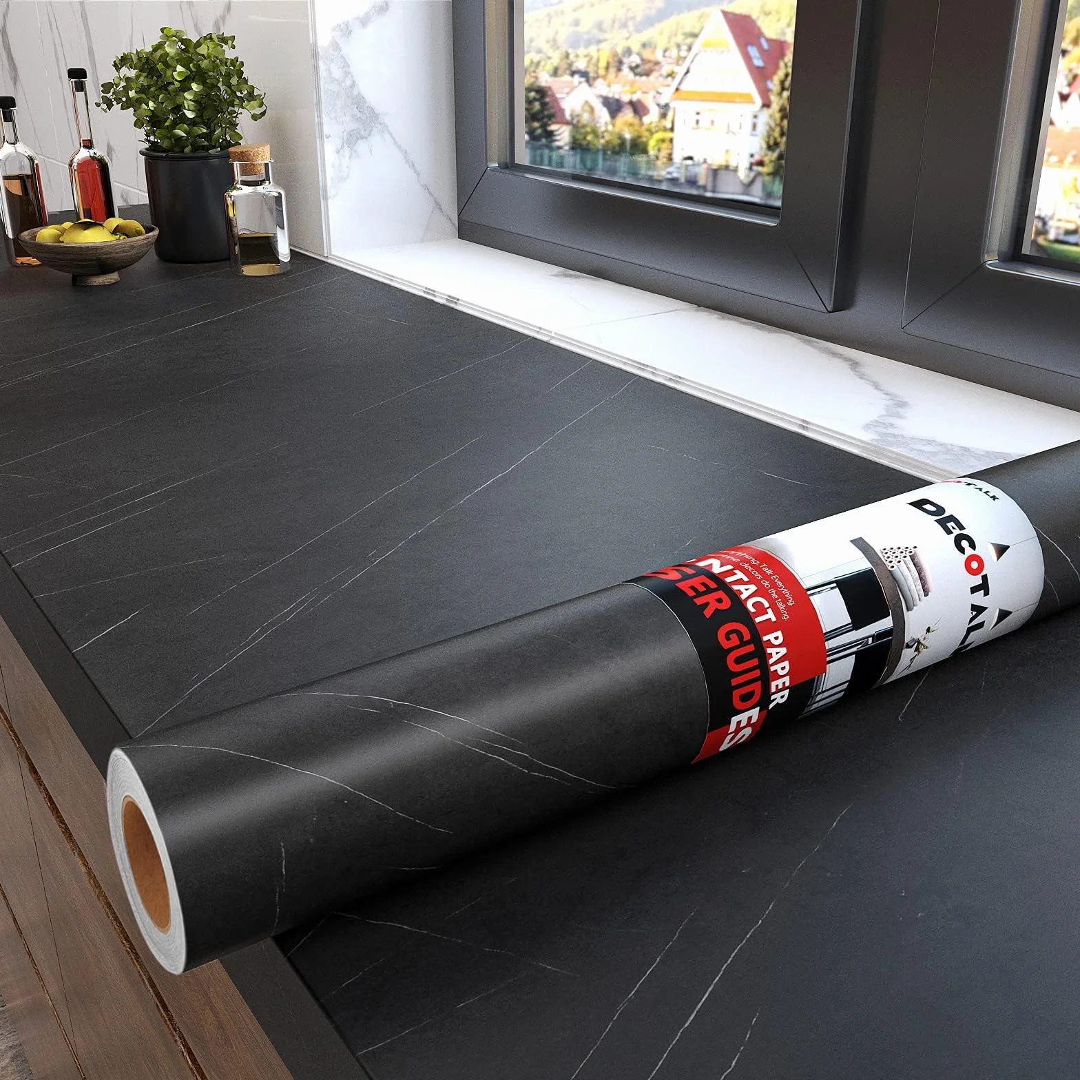Decotalk Papier Peint Adhésif Marbre Noir 60x300cm Rouleau Vinyle Imperméable pour Meuble Cuisine